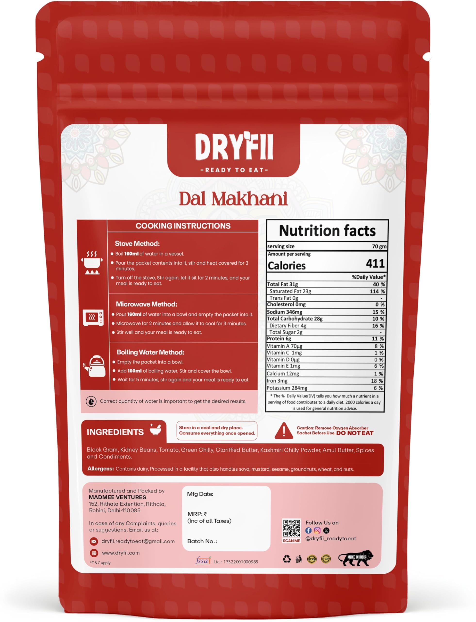 Dryfii Ready-to-Eat Dal Paratha (5 Pcs Parathas) with Jain Dal Makhani | Veg Combo Meal | Pure Vegetarian — image 3