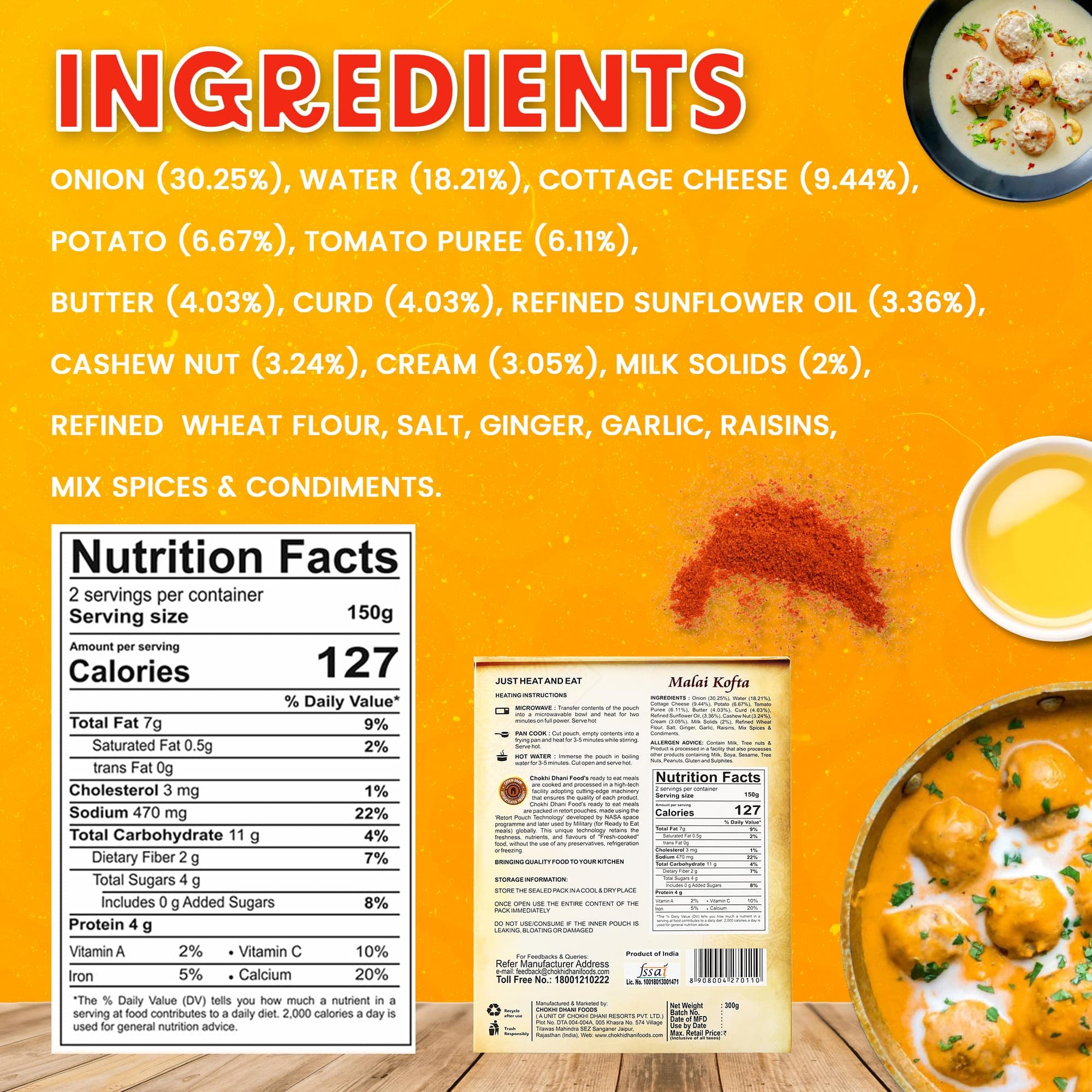 Chokhi Dhani Malai Kofta Ready to Eat 300g | Paneer Kofta in Rich Cashew Cream Gravy | Authentic North Indian Curry | 2 Min Heat & Serve | Veg — image 2