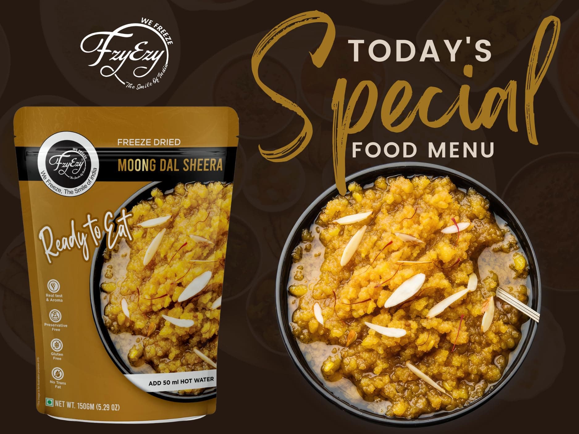 FzyEzy Freeze-Dried Moong Dal Sheera | Instant Gourmet Delight Traditional Indian Dessert | Ready-to-Eat | Instant Meal | Indian Cuisine | Delicious & Convenient Snack or Dessert | 150gm — image 4
