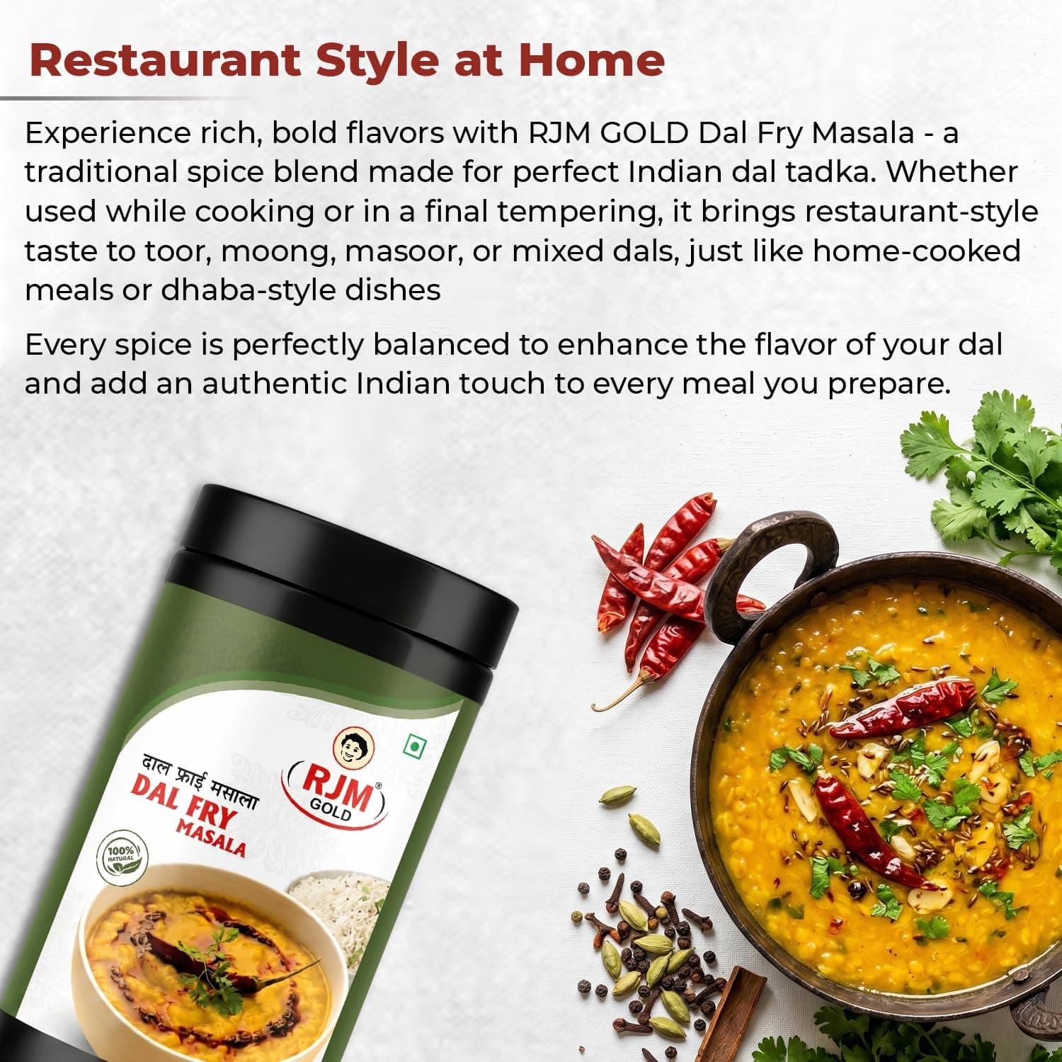 RJM GOLD Dal Fry Masala Powder | Tadka Masala for Toor, Moong, Masoor & Mixed Dal | Authentic Indian Spice Blend for Dal Tadka | No Preservatives | 100% Pure Veg - 500 gm — image 5