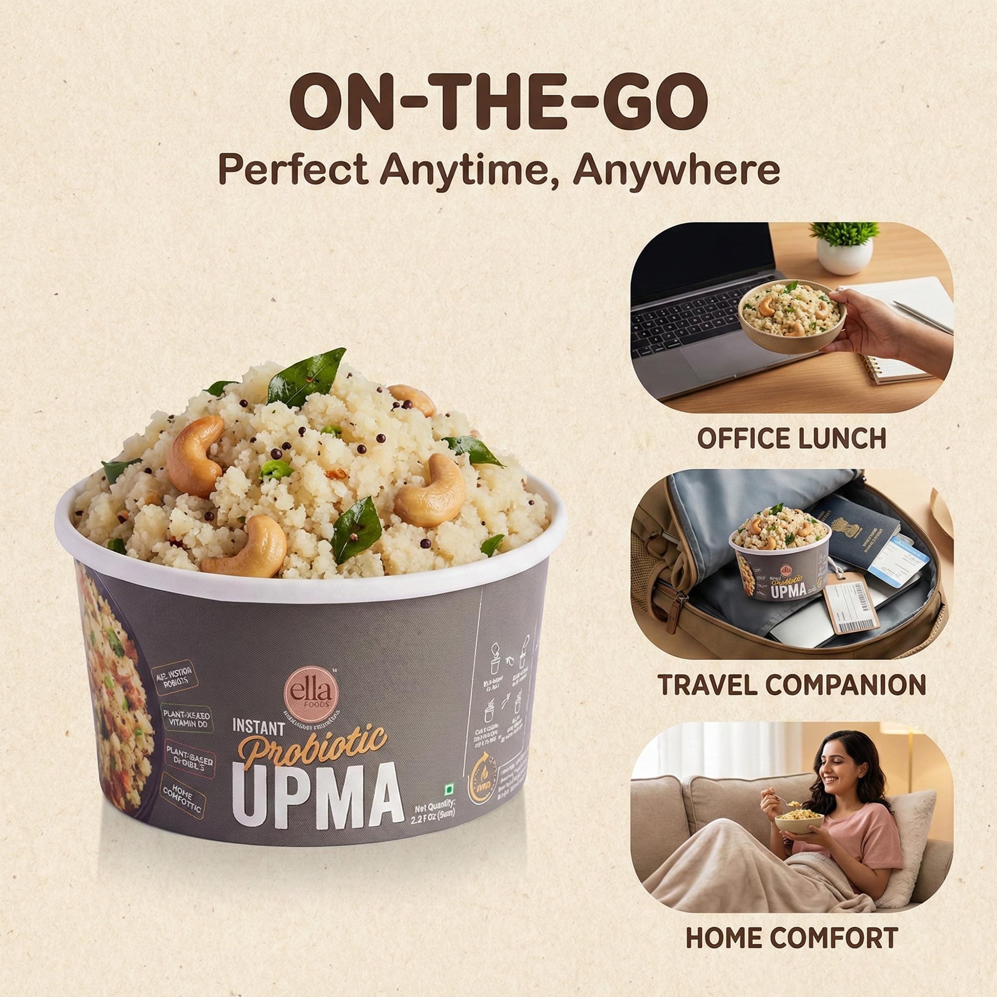 Ella Foods Instant Probiotic Ready To Eat Upma | Low Sodium Instant Food - Packed With Vitamin D3 & Omega 3 | Ready To Eat Food For Travel | Perfect For Heart & Gut Health -65g Servings (Pack of 2) — image 7