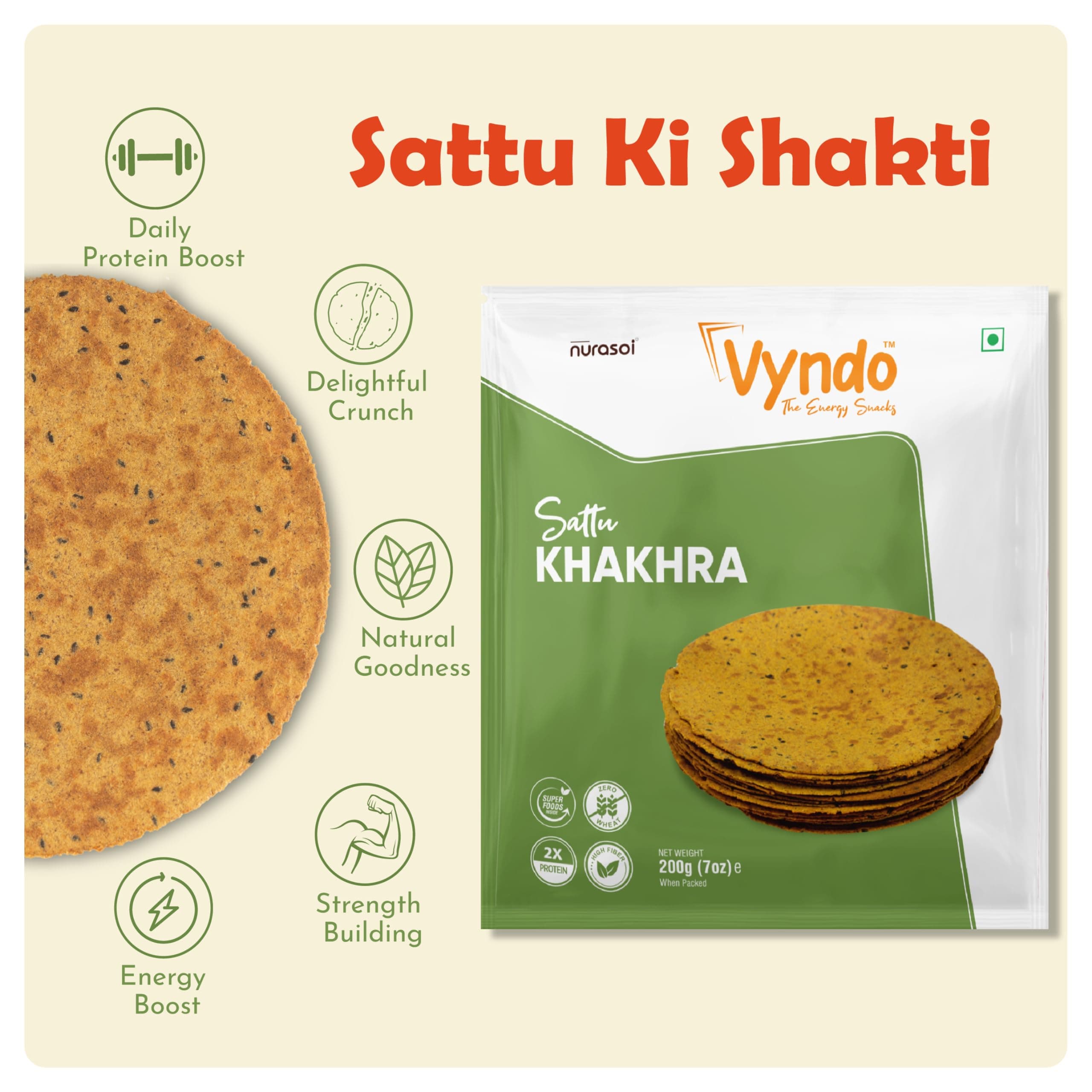Vyndo Sattu Khakhra Pack of 2 (200g Each) | Millet-Based Gujarati Dry Snacks | High Protein & Fiber | Gluten-Free, No Palm Oil | Healthy Protein-Rich Snack for Kids & Adults. — image 3
