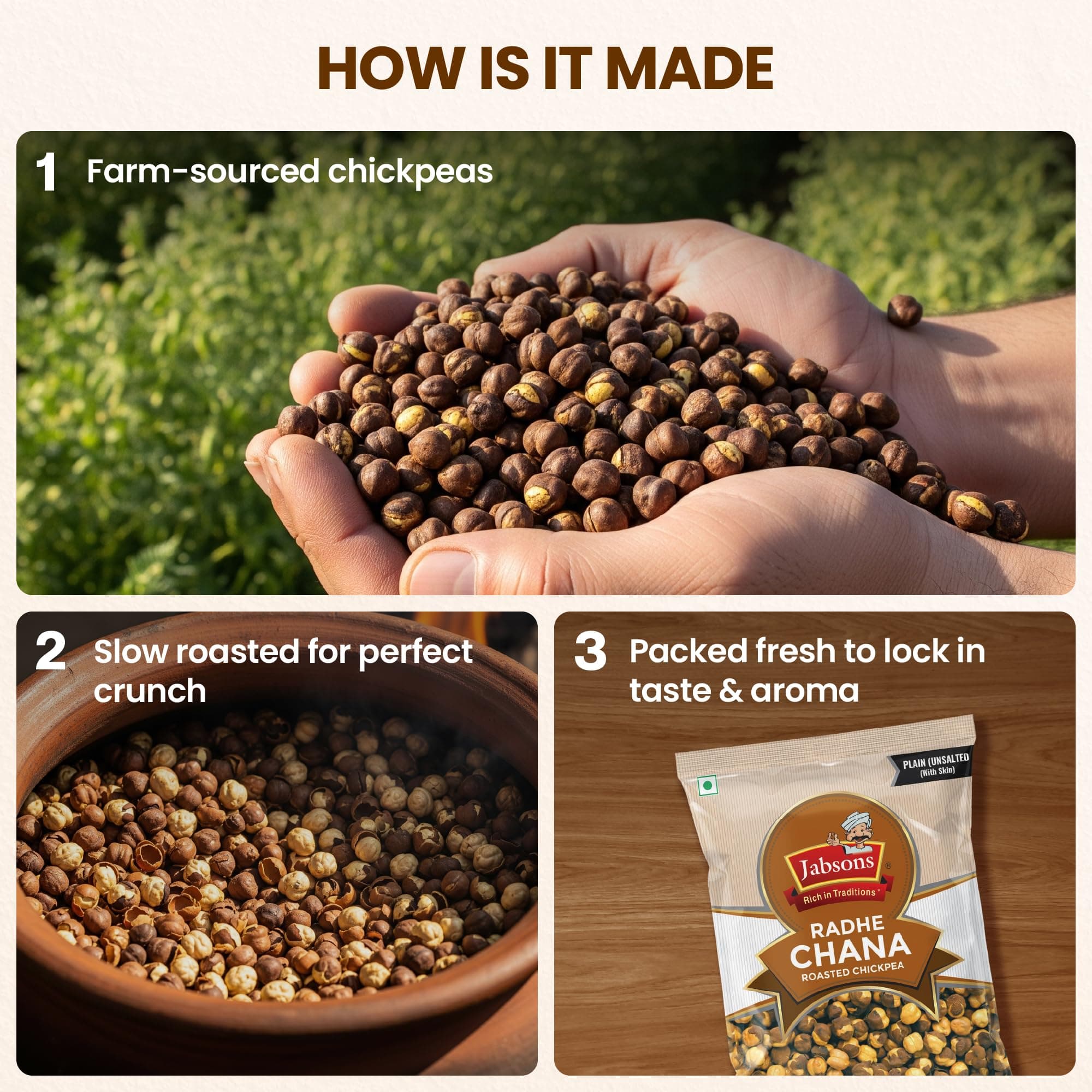 Jabsons Roasted Chana Radhe Plain, 200gm| pack of 9| 100% roasted | No Onion No Garlic | Crunchy Protein Snacks Bhuna Chana Ready to eat Unsalted — image 7