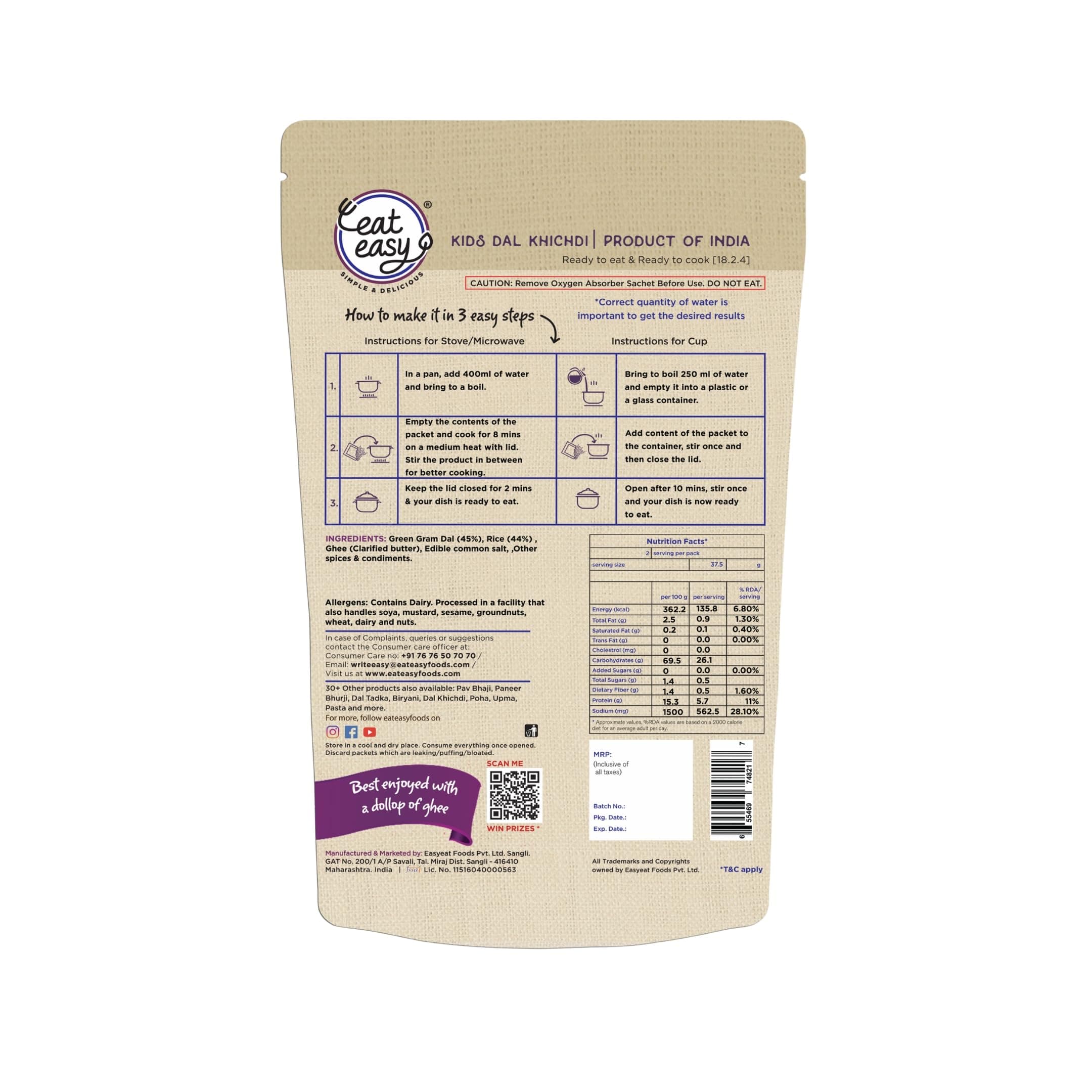 Eat Easy Ready to Eat Kids Dal Khichdi- 75gm (Pack of 2) | Freeze Dried | Just Add Hot Water — image 3