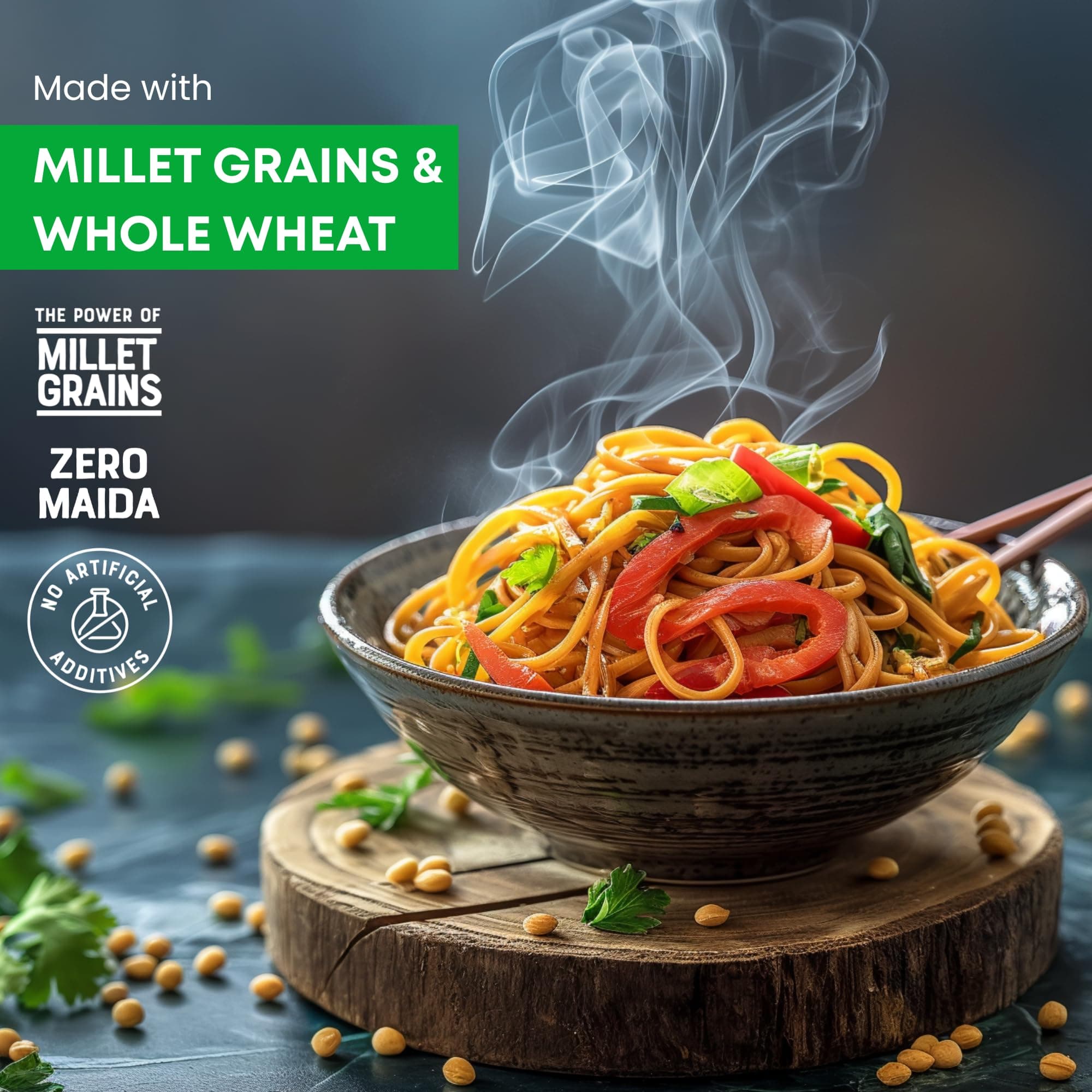 Millet Bank No Maida Foxtail Millet Hakka Noodles combo Free Masala Pack Inside, No Maida, Not Fried, No MSG, No Added Preservatives, Noodles for All Age Groups Naturally Yours ,Cup Noodles Pack of 2 180g Each — image 7