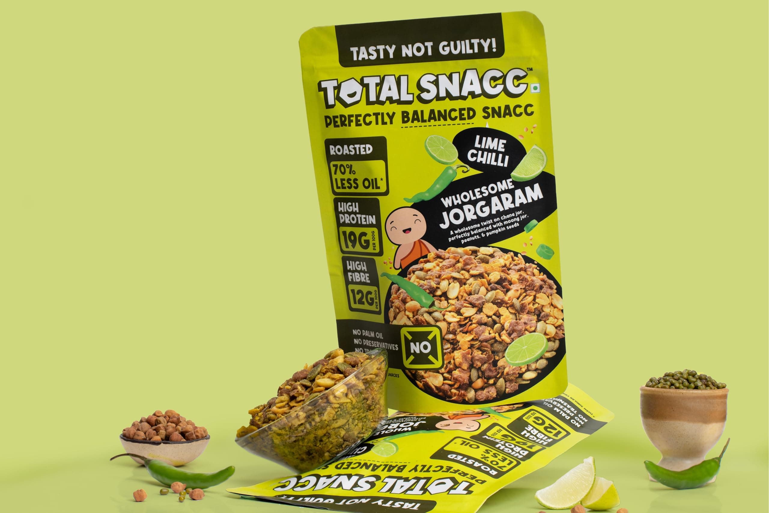 TOTAL SNACC Tangy Lime Combo (125g x 2 Packs) | High Protein 19g | High Fibre 12g | Roasted Not Fried | 70% Less Oil | No Palm Oil | Lime Pudina Super bhujia & Lime Chilli Wholesome Jorgaram | Baked Namkeen | Baked Bhujia | Healthy Snacks | Millet Snacks | No Preservatives | Zero Cholestrol | Diabetic Friendly — image 4
