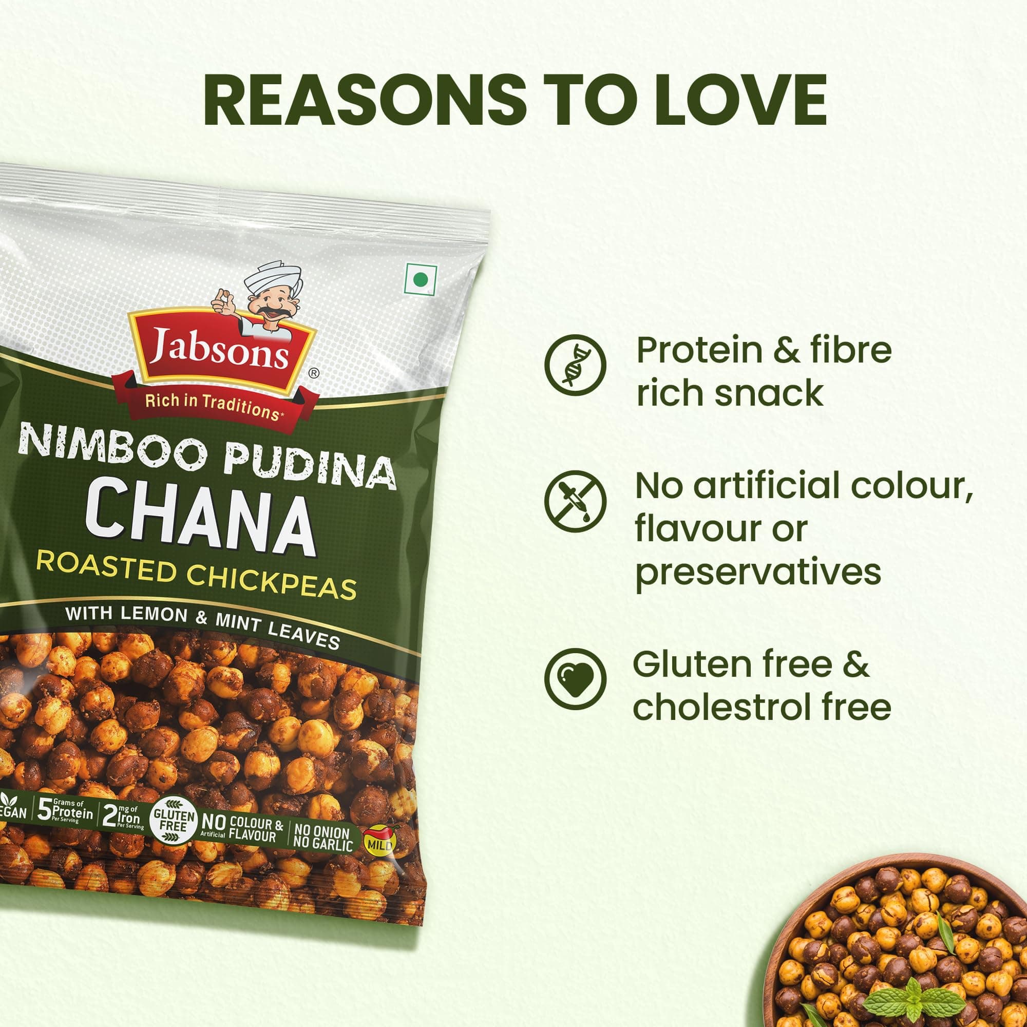 Jabsons Roasted Chana Nimboo Pudina Flavour - 150gm With No Onion & Garlic | Desi Roasted Namkeen Snacks| Gluten-Free Crunchy Protein Snack | Nimbu Pudina Bhuna Chana - Ready to Eat — image 4