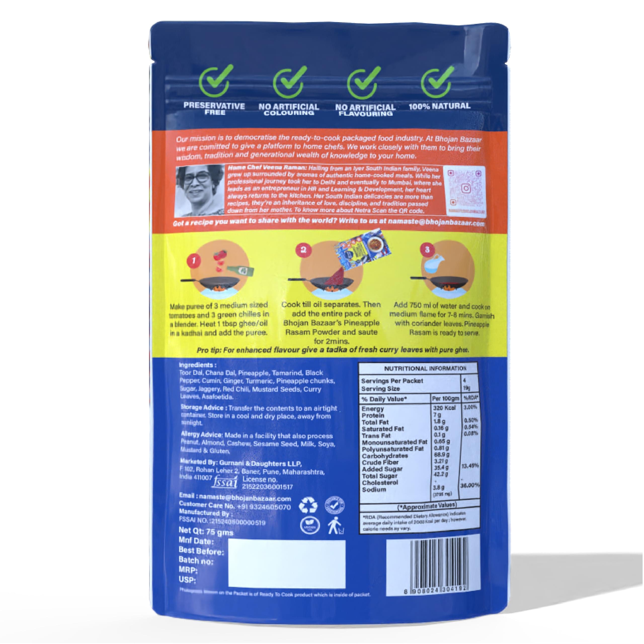 Bhojan Bazaar Pineapple Rasam Powder With Sundried Chunks - Pack of 2, 75 g Each | No Onion No Garlic Ready To Cook in 10 min | Serves 4 | Sweet & Tangy South Indian Rasam | No Added Preservatives — image 8