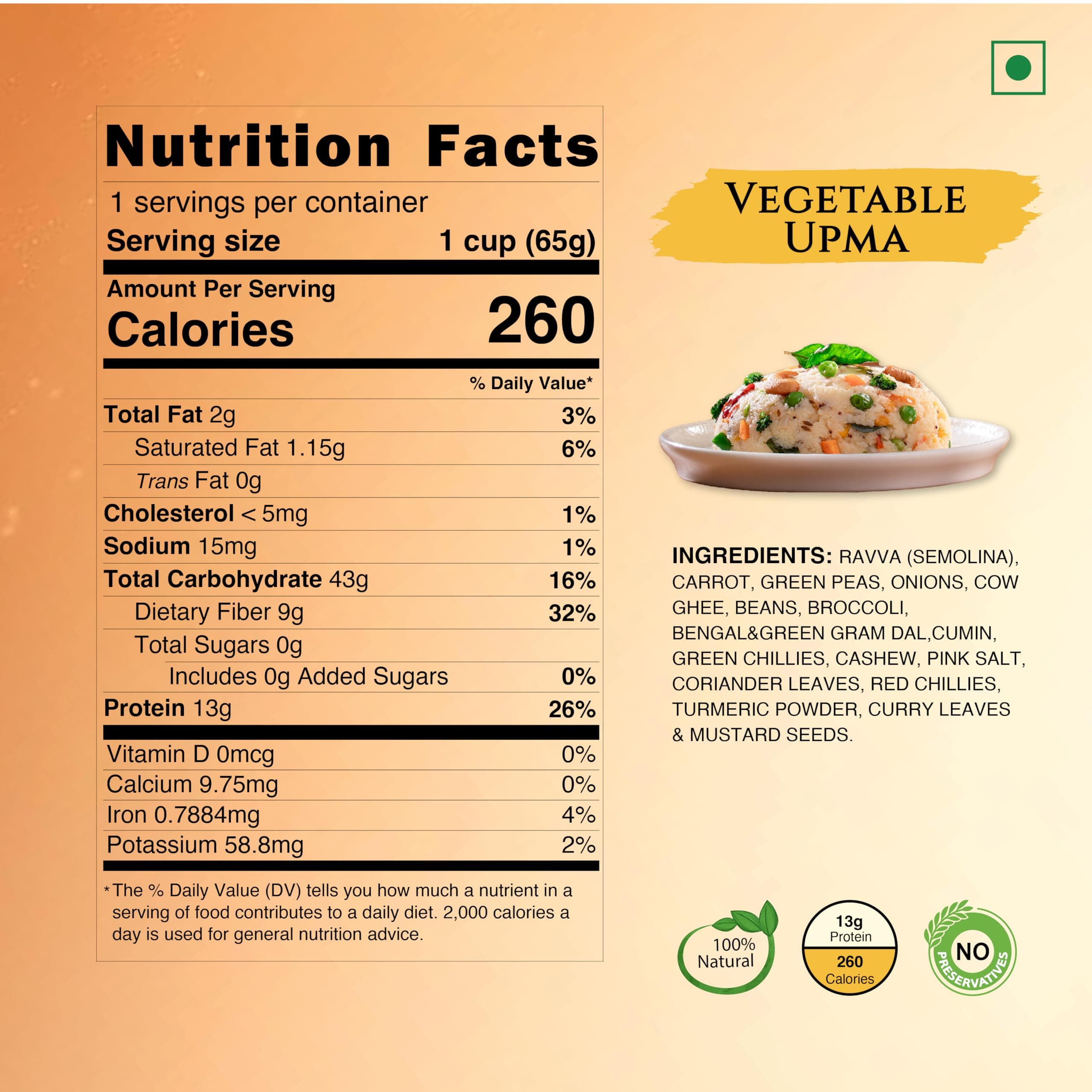 Instabites Ready to Eat Vegetable Upma Cup 65g, No Added Preservatives and Ready to Eat in Minutes - Pack of 1 — image 2