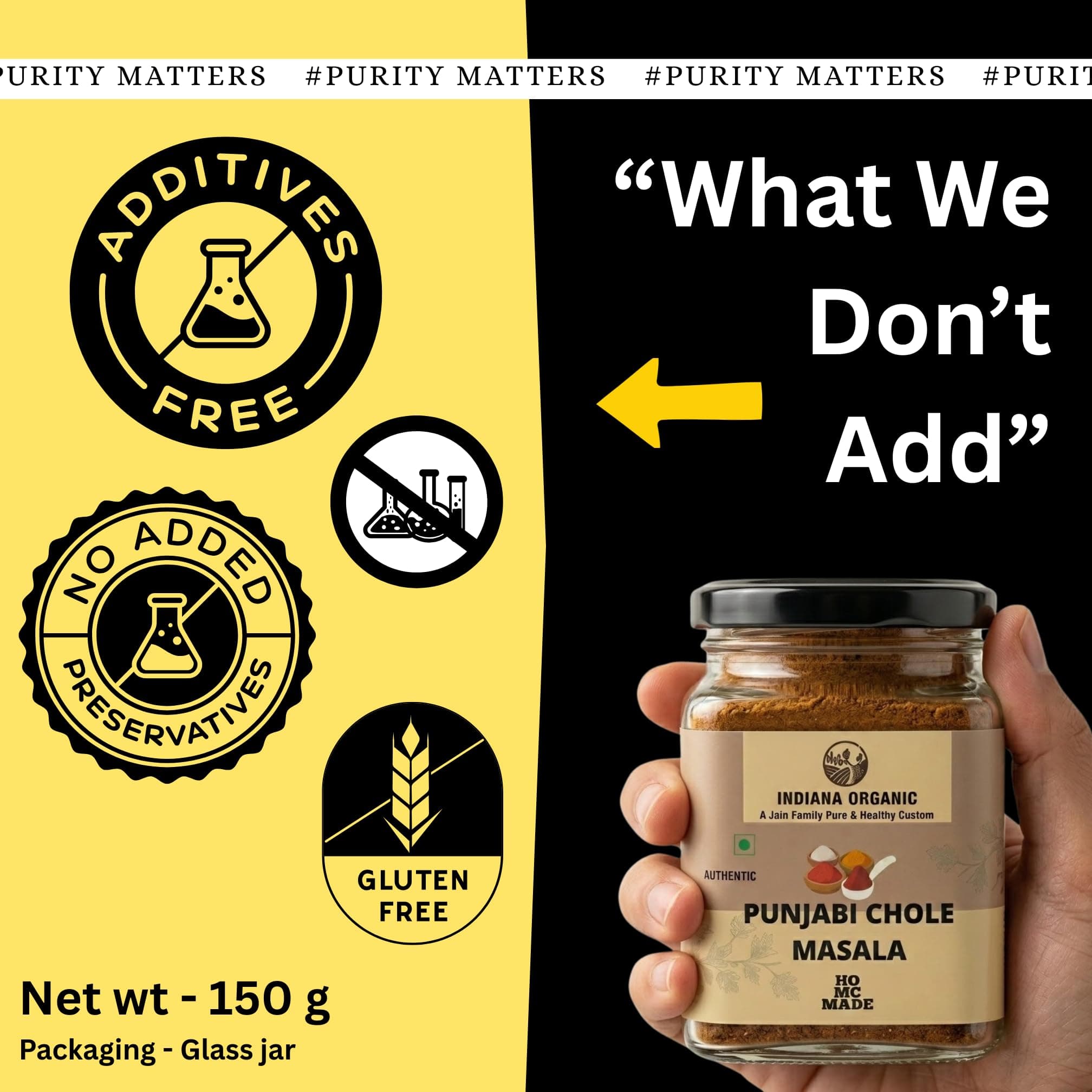 Indiana Organic Punjabi Chole Masala | Authentic North Indian Spice Blend | No Preservatives, No Additives, Gluten Free | Freshly Ground Whole Spices | Homemade Taste | 150g Glass Jar | No onion & garlic added — image 4