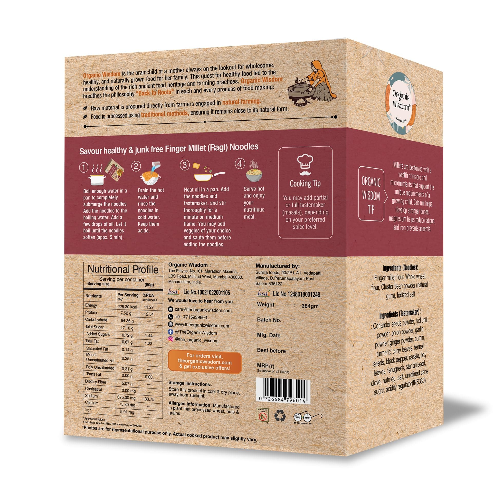 Organic Wisdom Ragi Noodles (Finger Millet) | Healthy Millet Noodles, Pack of 2 – 192g Each | No Maida, Not Fried, Sun Dried | No MSG, No Junk | High Calcium, Iron & Protein | Tastemaker Inside — image 8