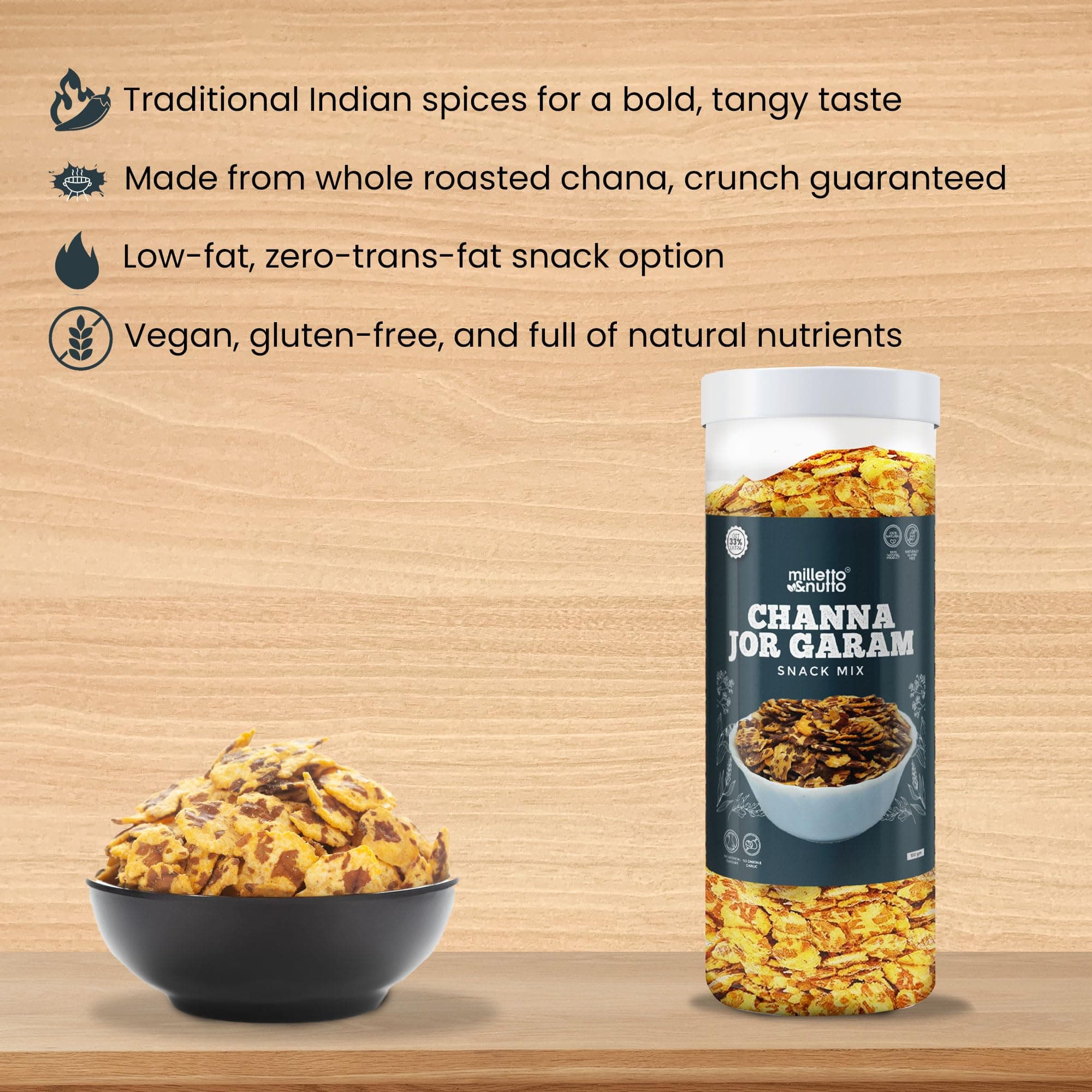 Milleto & Nutto Channa Jor Garam Snack Mix 130g | Pack of 2 | Healthy Namkeen Mix for Tea Time & Evening Snack | High Protein, Gluten Free, Crispy Roasted Chana Chur | Indian Traditional Snack for Office & Travel | — image 6