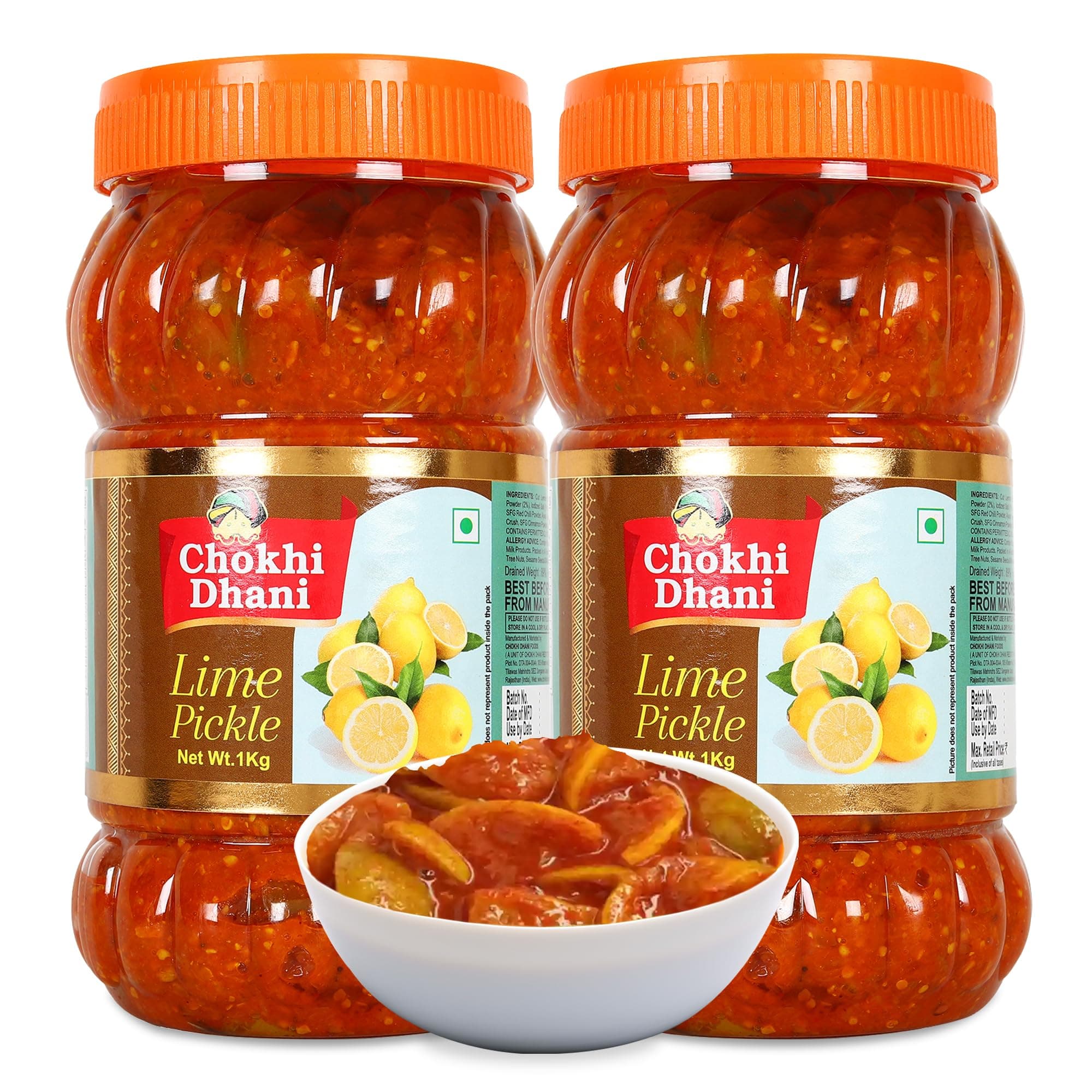 Chokhi Dhani Lime Pickle Pack of 2 (1kg Each) | Nimbu Achar | Oil Free Lemon Pickle | No Onion No Garlic | Tangy & Spicy Indian Pickle | Homemade Style