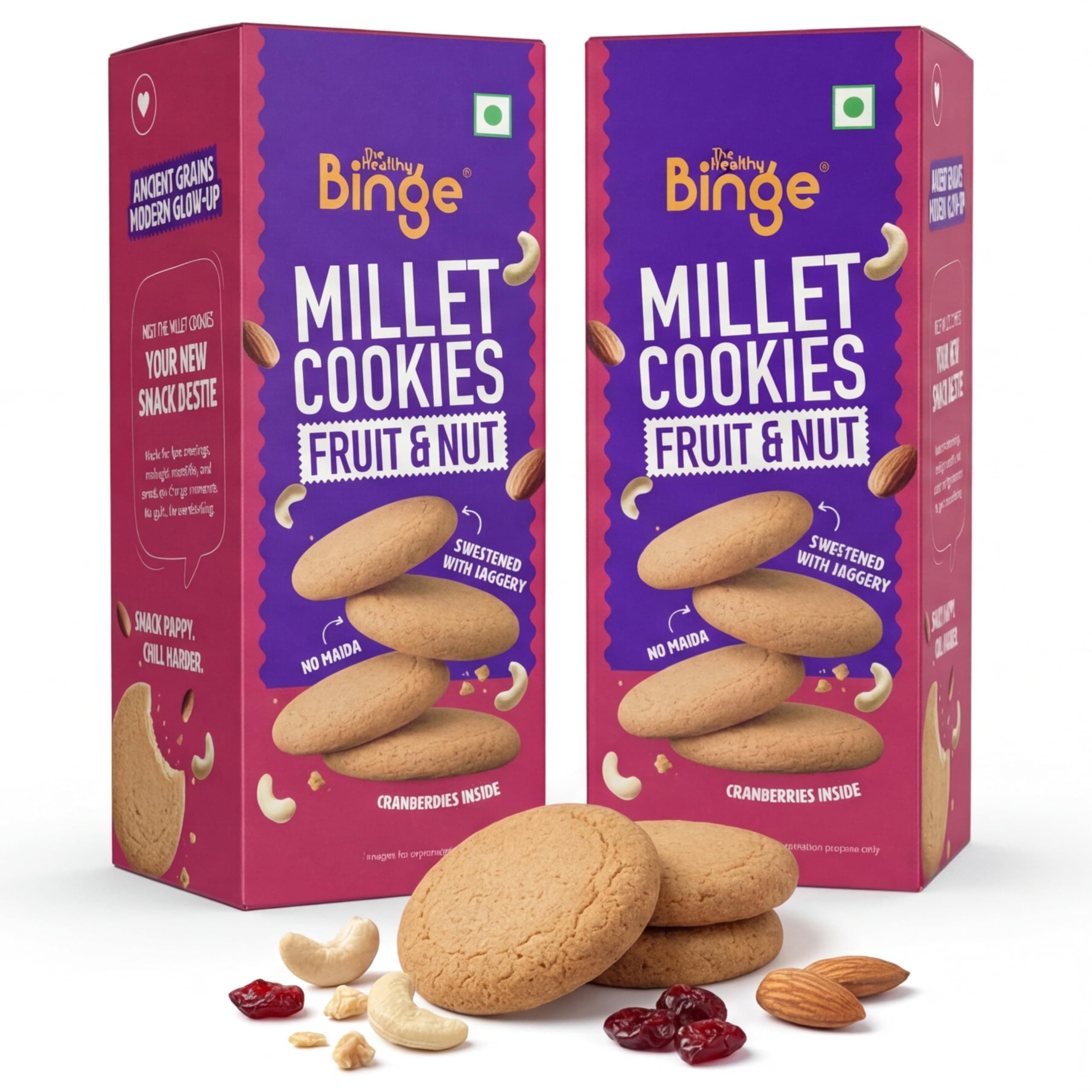 The Healthy Binge Millet Cookies Fruit & Nut – Healthy Snacks | Fruit & Nuts Cookies | Jaggery Cookies | Healthy Snacks for Kids and Adults 90g (Pack of 2)