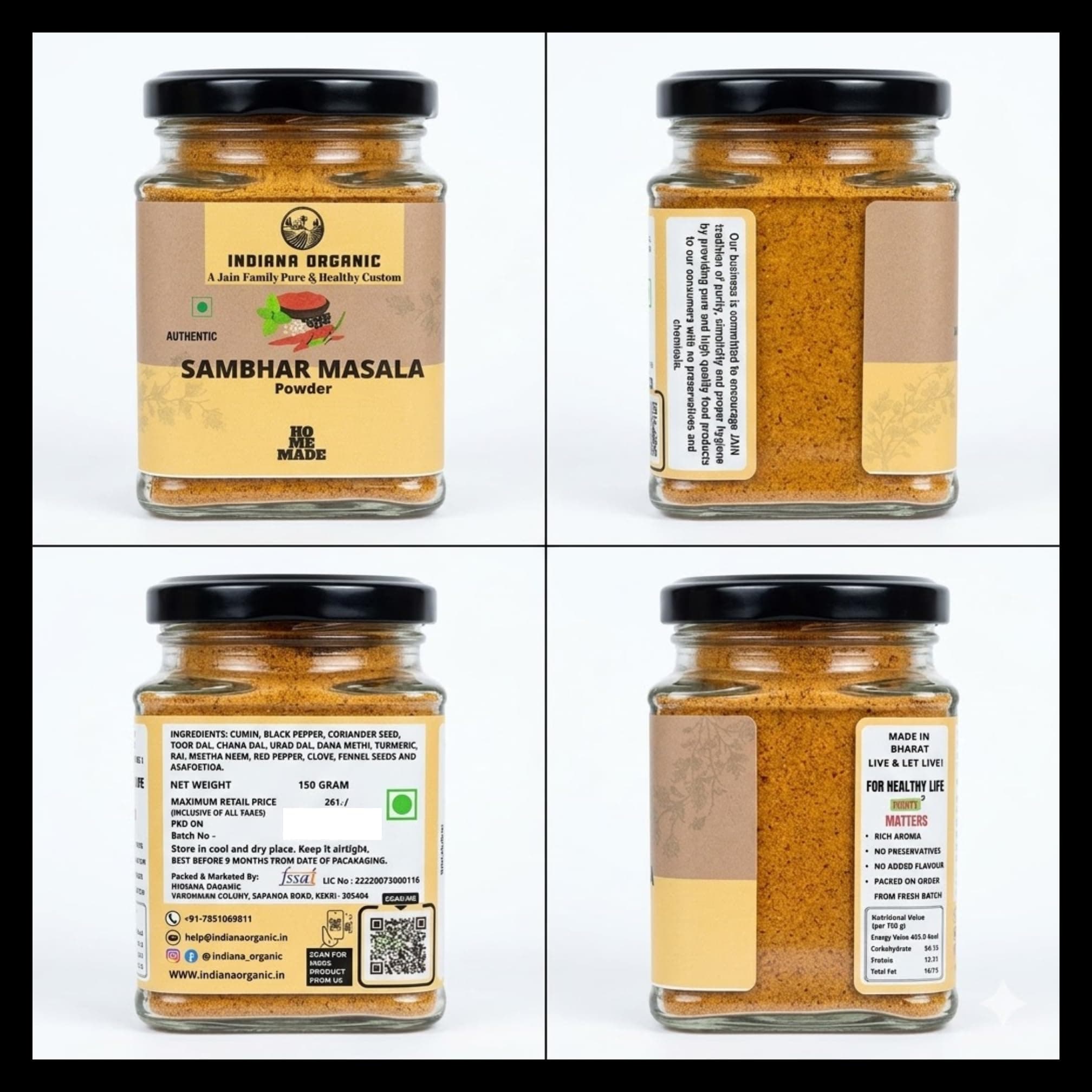 Indiana Organic Sambar Masala Powder -150 gram | No onion & garlic | freshly pack on order | Blend Of Hing, curry leaf, lentils and spices | No preservatives or clumping agent | Authentic South Indian Blend — image 2