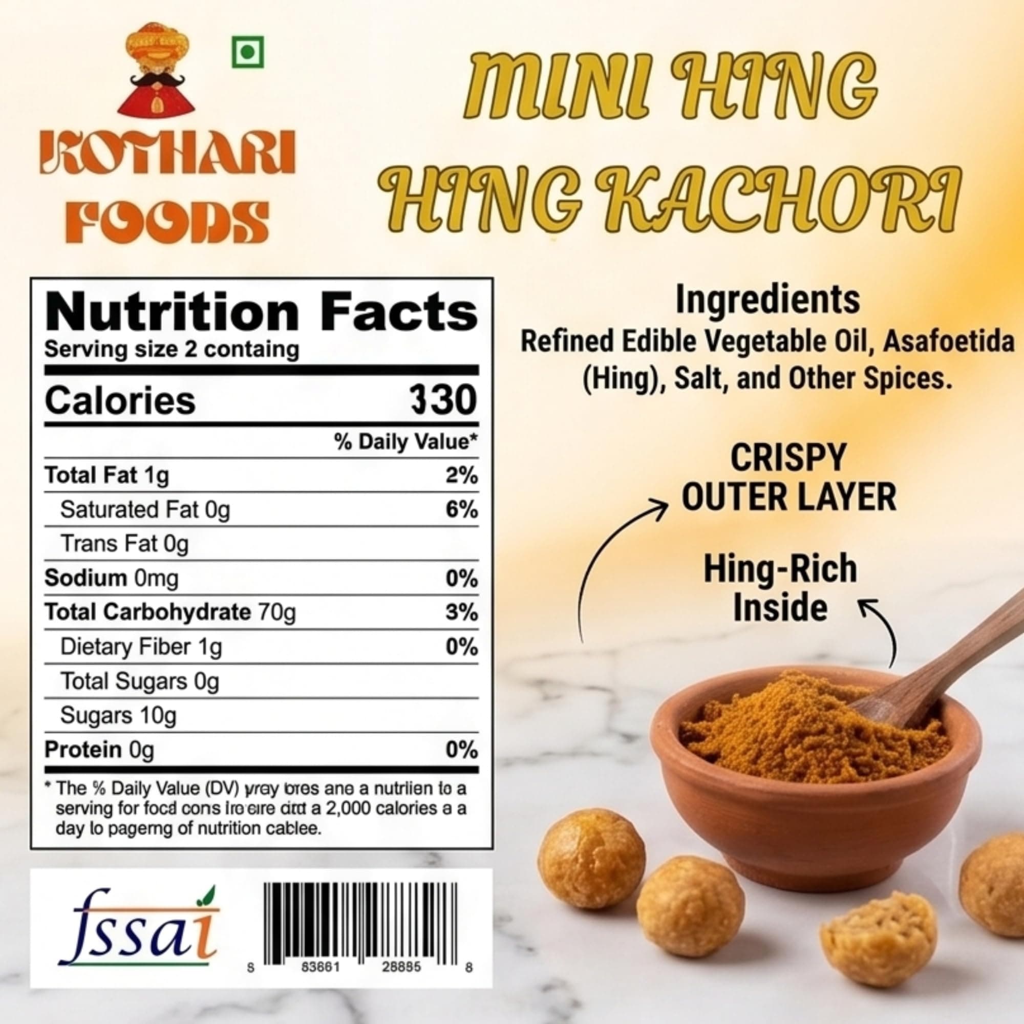 KOTHARI FOODS Mini Hing Kachori | Authentic Jodhpuri Snack | No Onion No Garlic (Jain Product) | Handmade, Crispy & Spicy Indian Dry Namkeen | 500g — image 2