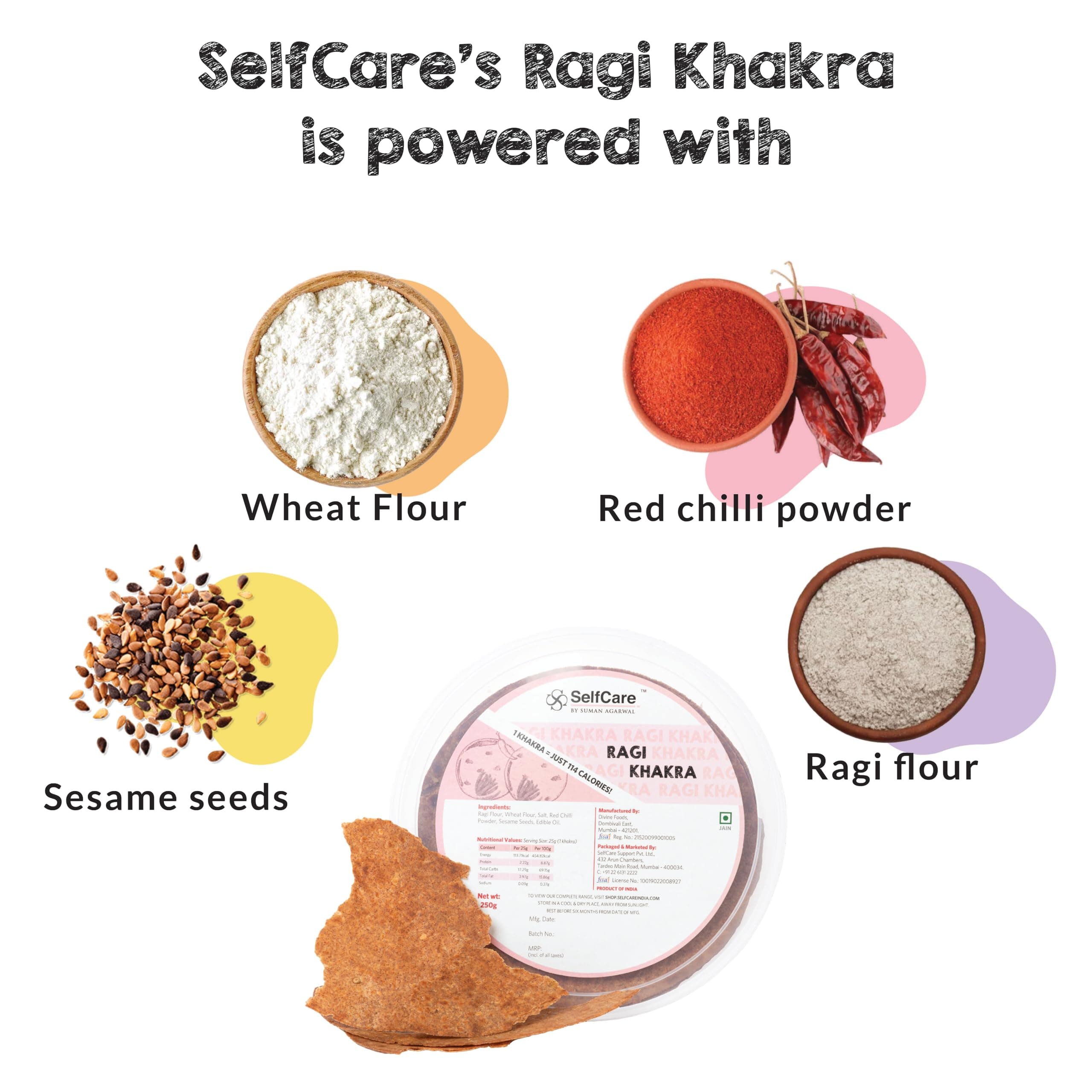SelfCare By Suman Agarwal Ragi Khakra Pack of 1 250g | Roasted-Healthy-Snacks-Crackers-Namkeen-Grocery | Crispy & Chatpata - Tae time - Eat with Dip | Jain & Travel Friendly — image 2