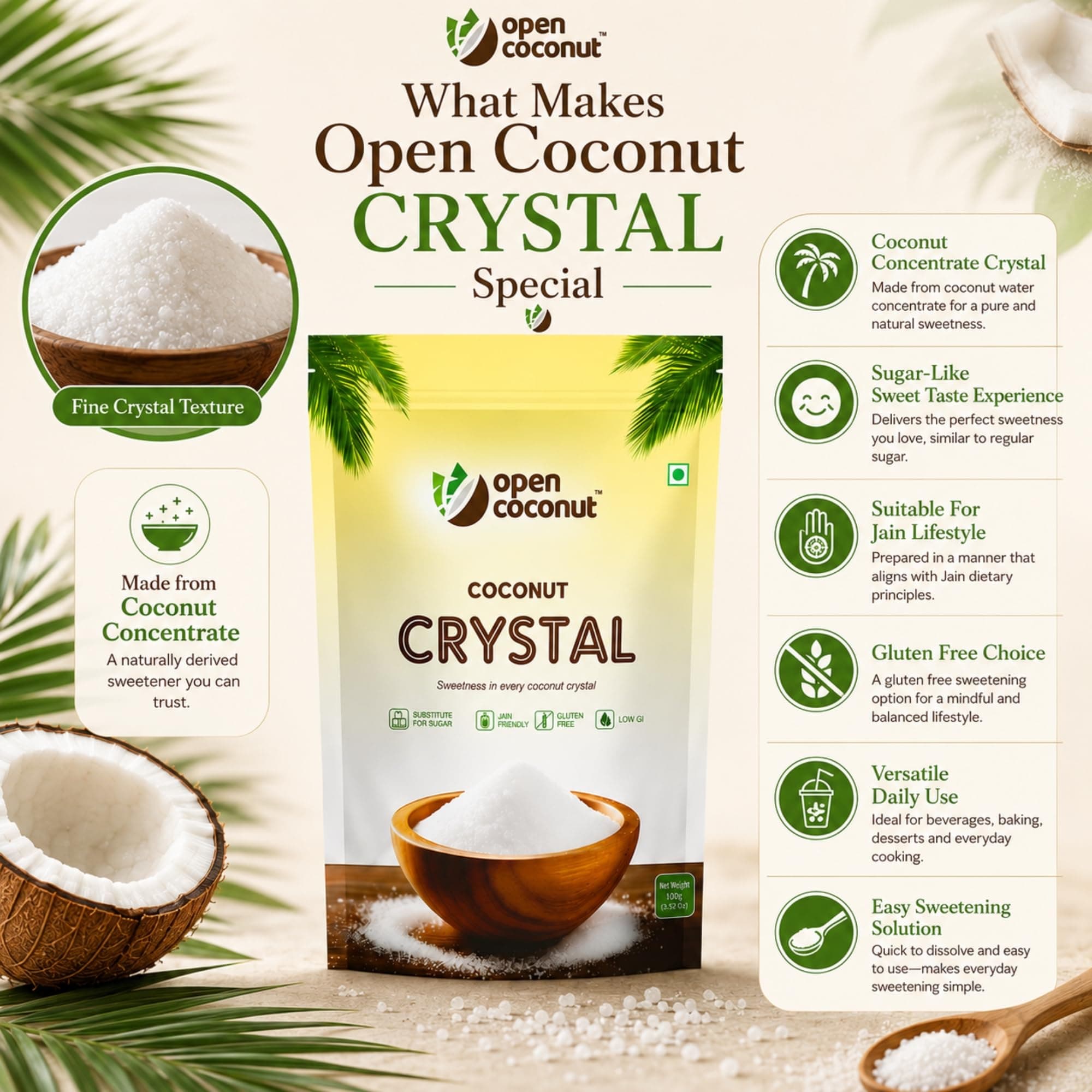 Open Coconut CRYSTAL 100g x 1 Pack - Jain Friendly | Natural Sugar Sweetener Substitute | Low Glycemic Index | Gluten, Sugar, Preservative Guilt Free | Perfect for Cake, Baking, Hot Chocolate, Milkshakes & More — image 7