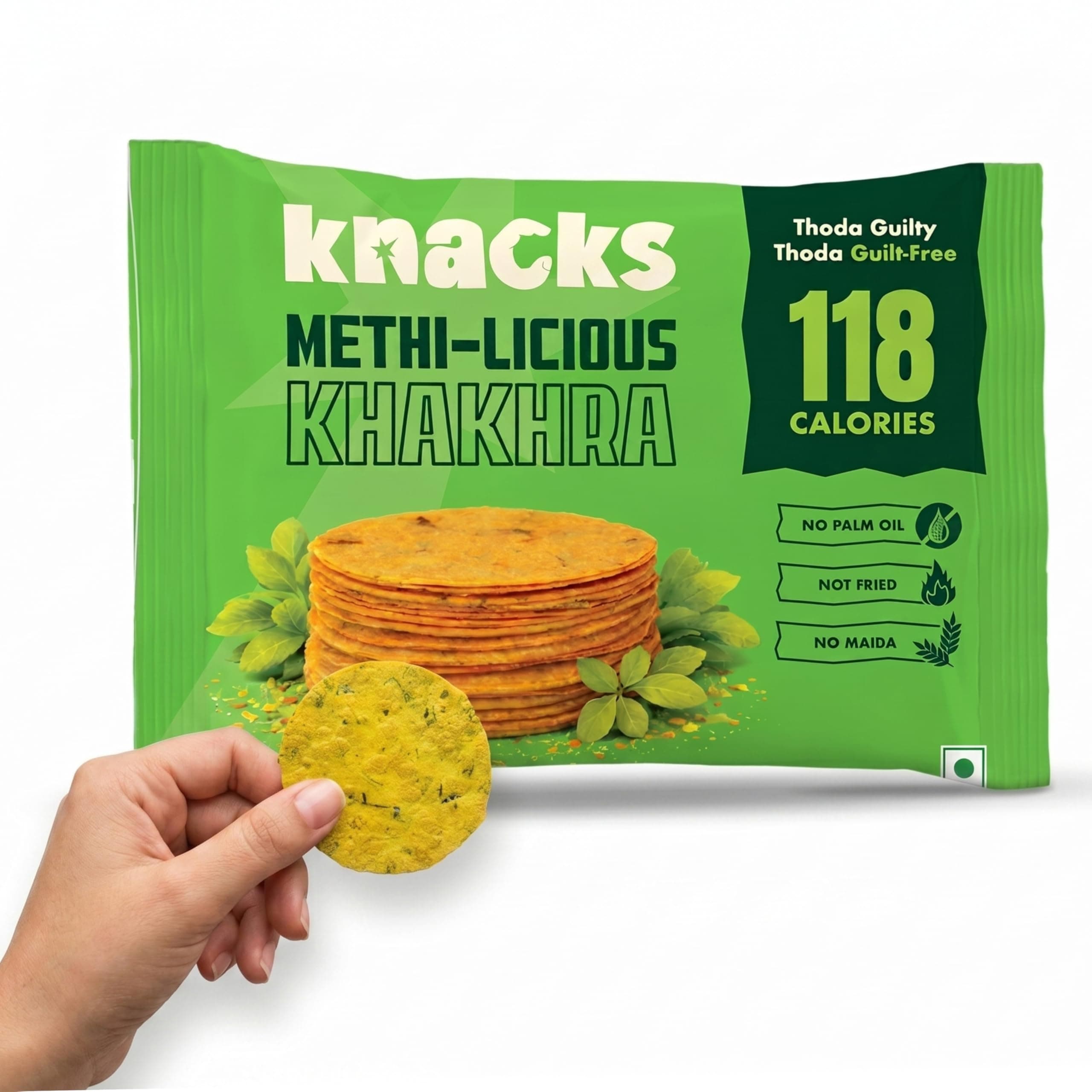 Knacks Methi-licious Khakhra Chips | Methi Masala Flavour Coin Khakhra | Pack of 6 (6 x 30g) | 118 Calories Per Pack | Jain Friendly, High Protein, Whole Wheat | No Palm Oil, No Maida, Not Fried — image 2