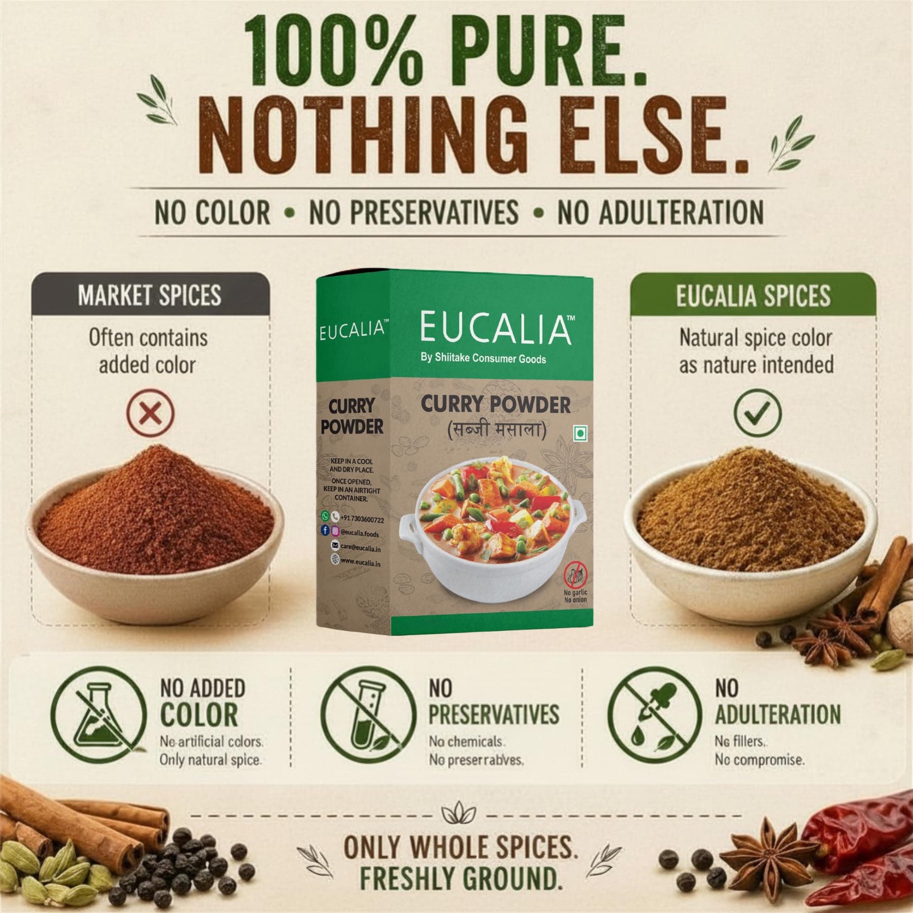 EUCALIA Sattvik (No Onion - No Garlic) Curry Powder (Sabji Masala) Pack of 3 (100g) | Bold & Aromatic Spice Blend | Vibrant Colour | No Added Colours or Preservatives | Perfect for Vegetarian Dishes & Everyday Cooking | Sattvik No Onion No Garlic (NONG) | Total 300g — image 5