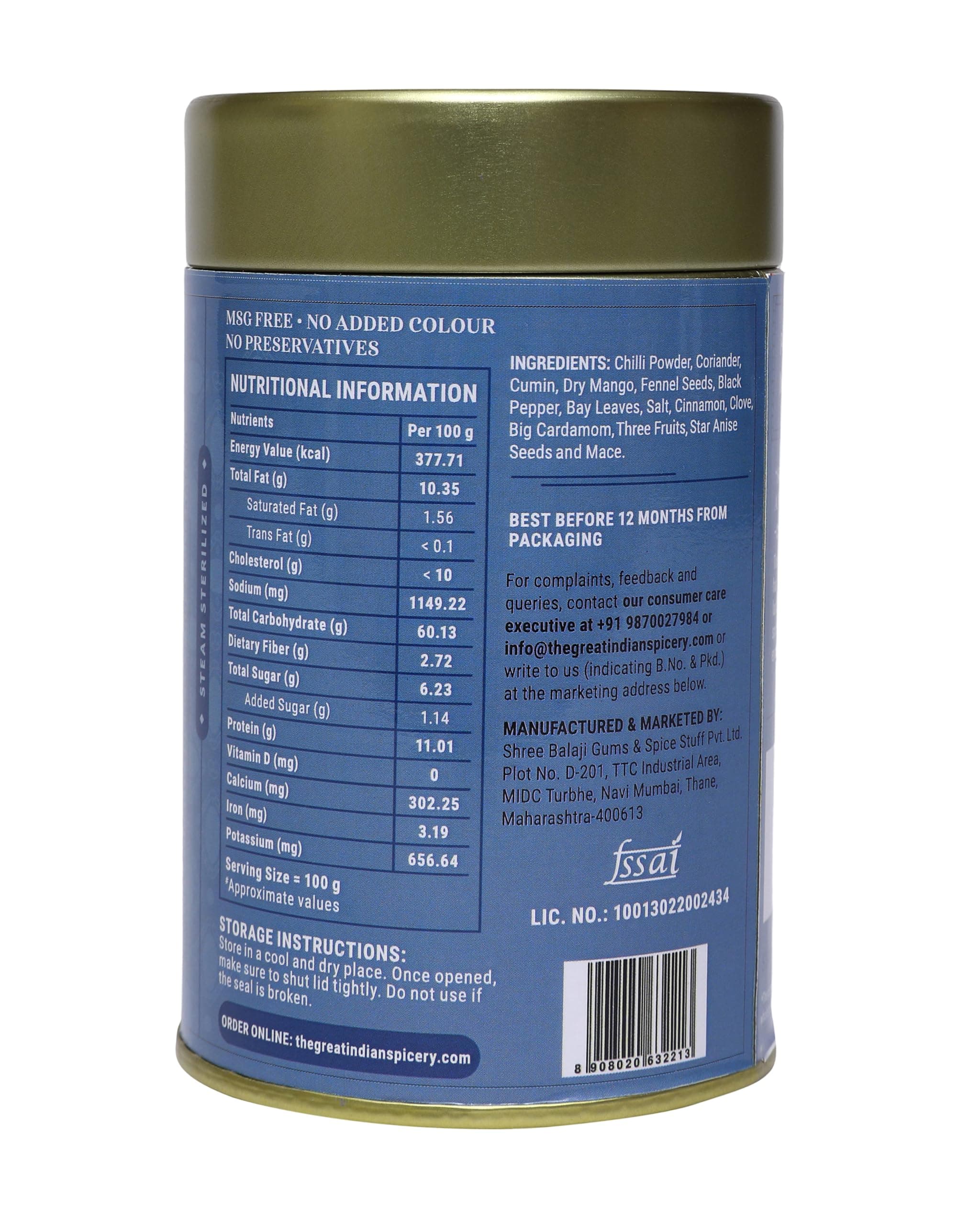 The Great Indian Spicery | Pav Bhaji Masala - 100gm Tin | Steam Sterilisation, Farm Fresh, Authentic Blend of 14 Spices, Non-Adulterated, No Added Color & Preservative | Deep & Aromatic Home Cooking — image 7