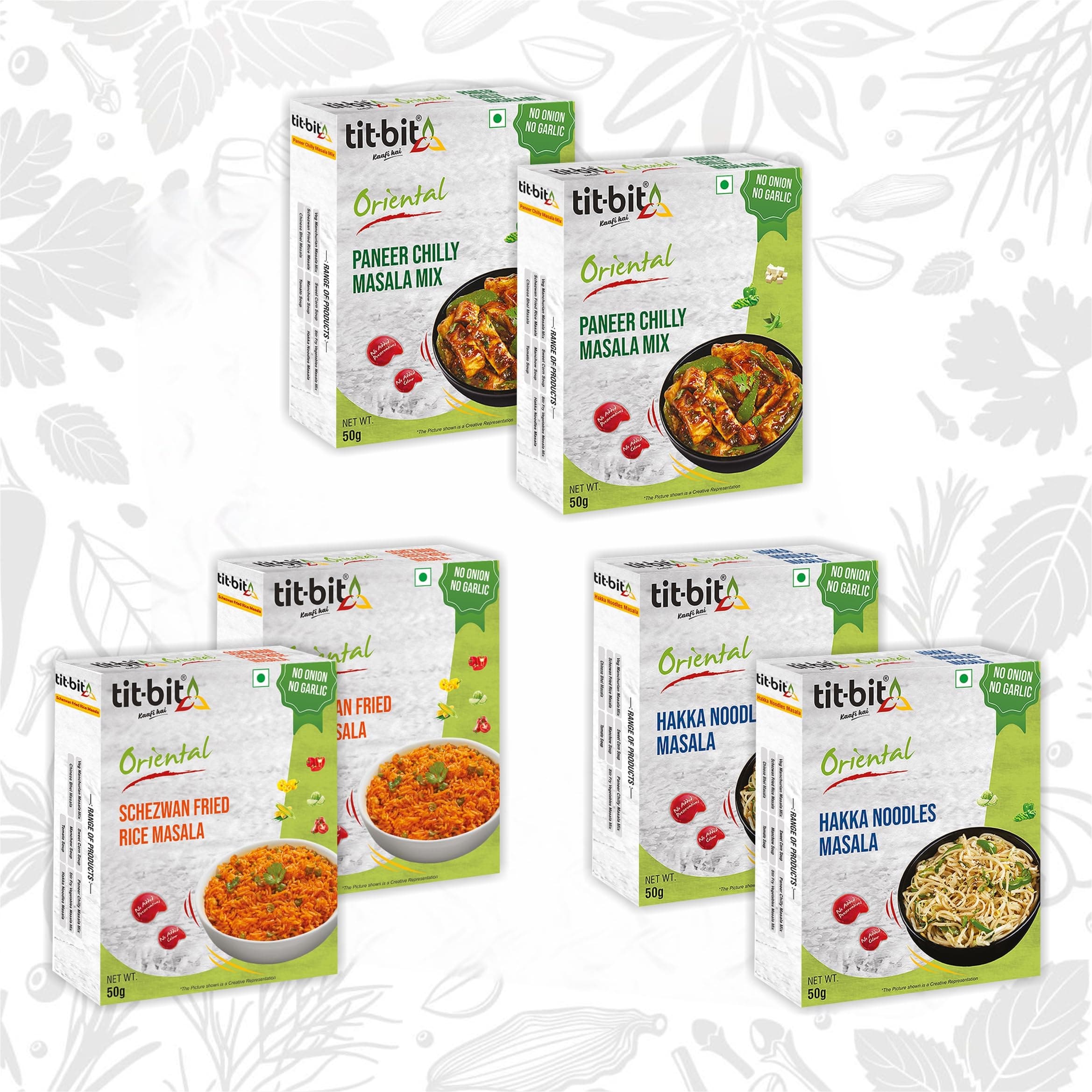 Tit-Bit Spicy Chinese Spices Combo - No Onion No Garlic - Schezwan Fried Masala, Hakka Noodles Masala & Paneer chilly Mix - Quick & Easy to Make - Pack of 6 - Each Flavour 2 Packs (300g) — image 2