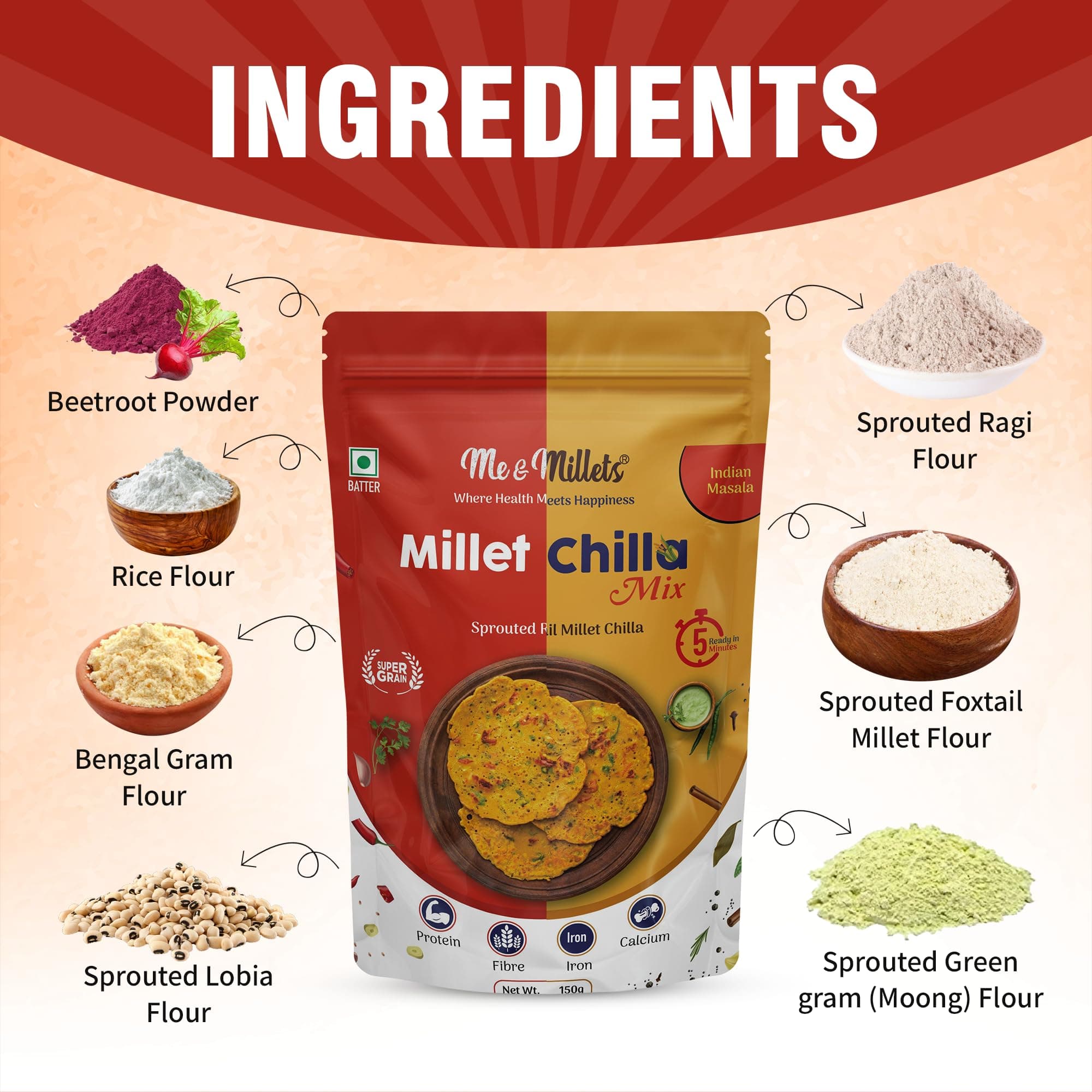 ME & MILLETS Sprouted Ragi Chilla & Foxtail Millet Chilla Mix Combo (150gX2) - Chatpata & Indian Masala, No Preservatives, Natural Healthy Protein & Fiber-Rich Breakfast For Family (Jain Friendly) — image 5