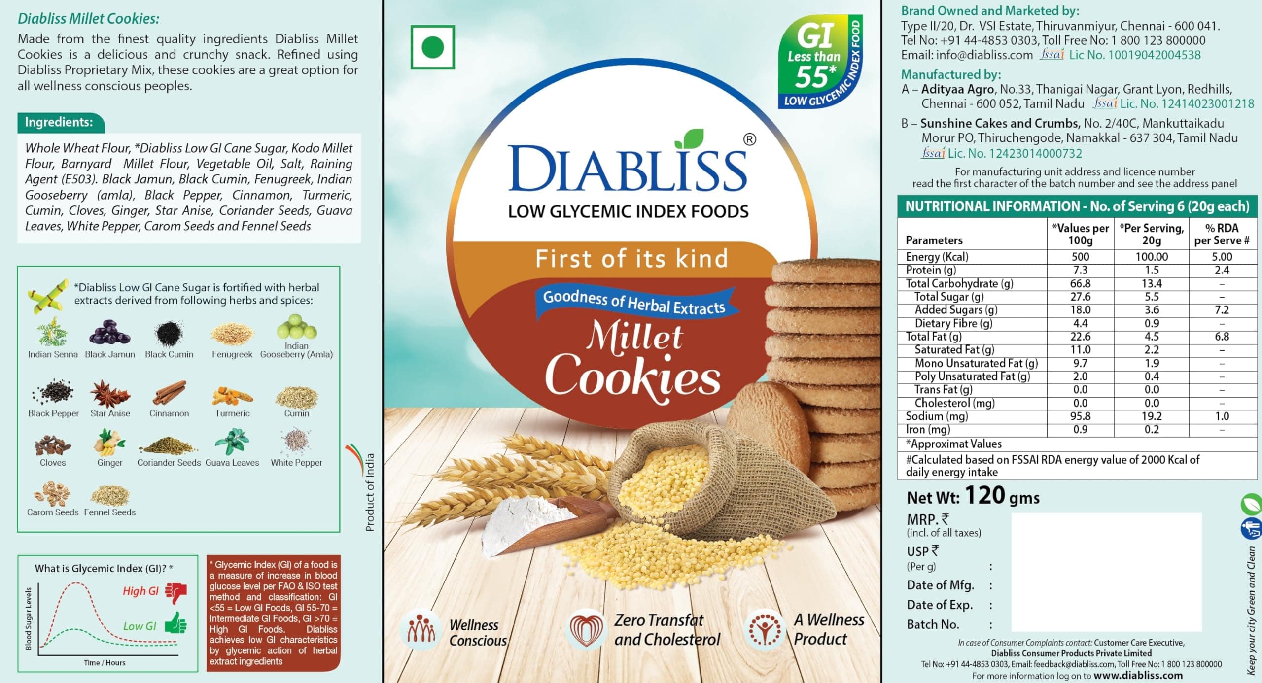 Diabliss Millet Cookies – Made with Millets & Whole Wheat, No Maida | Low GI Sugar & 17 Herbs & Spices | Glucose Friendly Crunchy Snack | Trusted by Consumers in 3 Continents | 120g - Pack of 5 — image 2