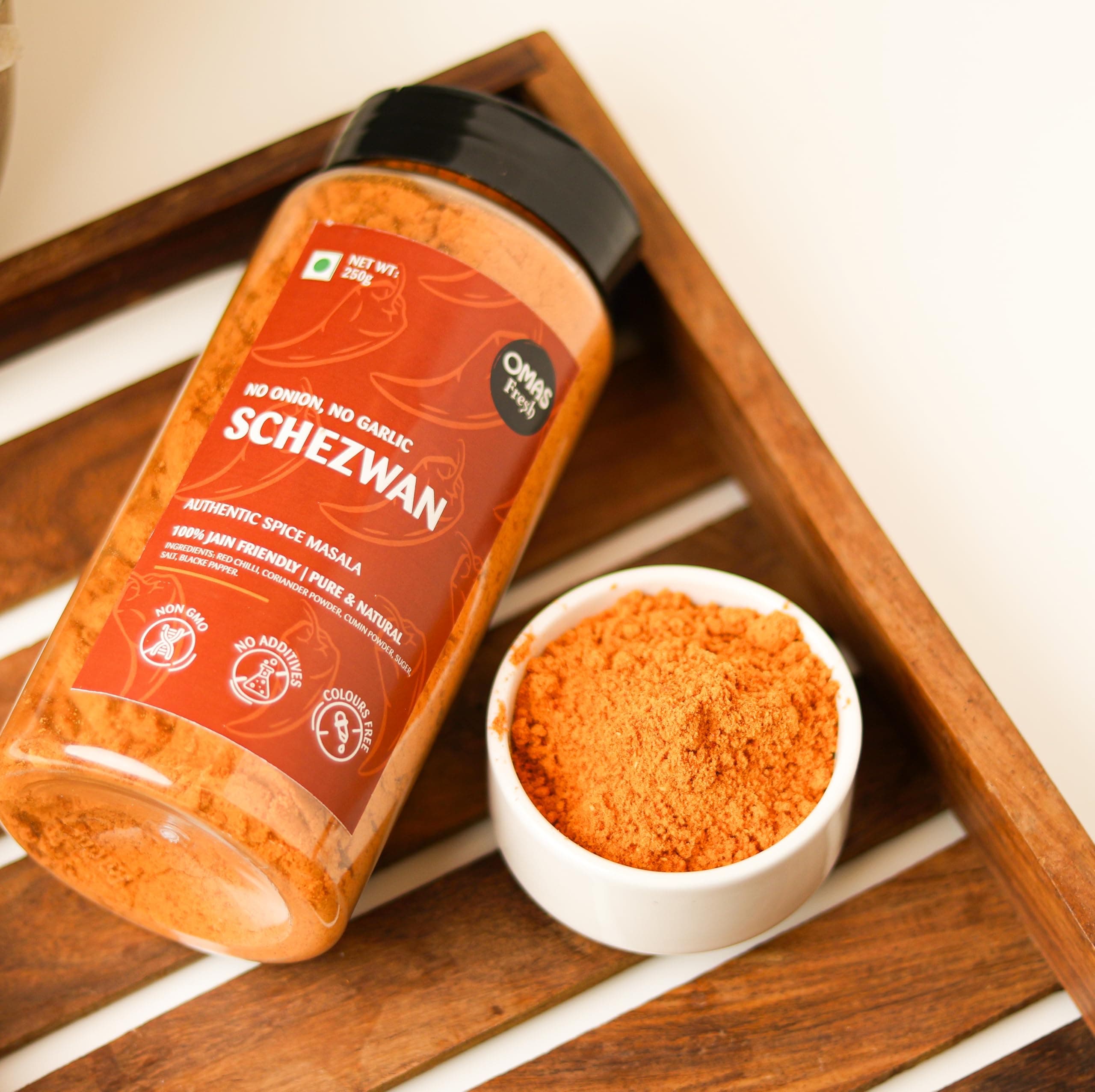 Omas Fresh Jain We-Desi Schezwan Seasoning | No Onion, No Garlic Masala Best for Making Noodles, Pasta, Fried Rice, Nachos (250g, Schezwan) — image 3