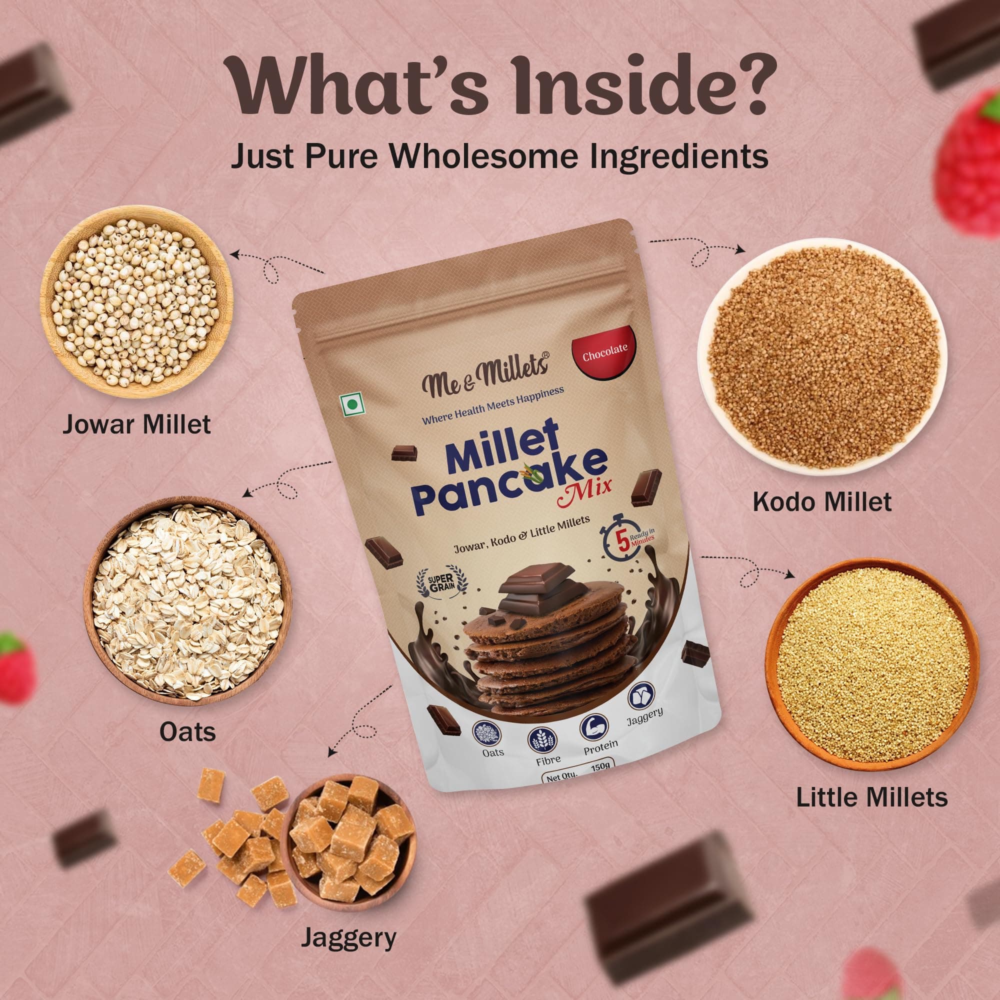 ME & MILLETS Chocolate and Banana Millet Pancake Mix (150g X 2) Sweetness Of Jaggery, No Maida, No Wheat, No Preservatives, Vegetarian, Eggless, Healthy Breakfast for Family (Jain Friendly) — image 5