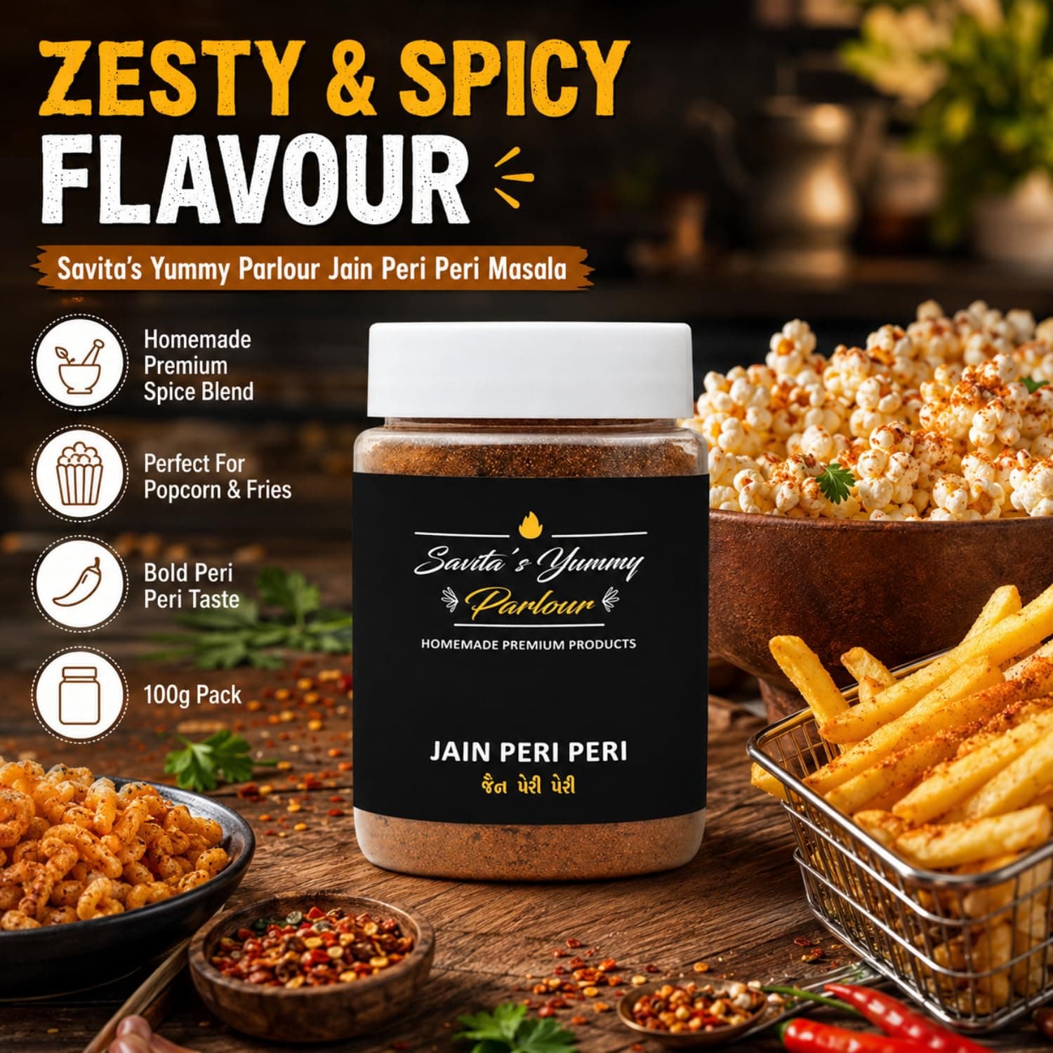 Savita’s Yummy Parlour Jain Peri Peri Masala – 100g | Homemade Premium Spice Blend | Zesty & Spicy Seasoning for Popcorn, Fries & Snacks — image 2
