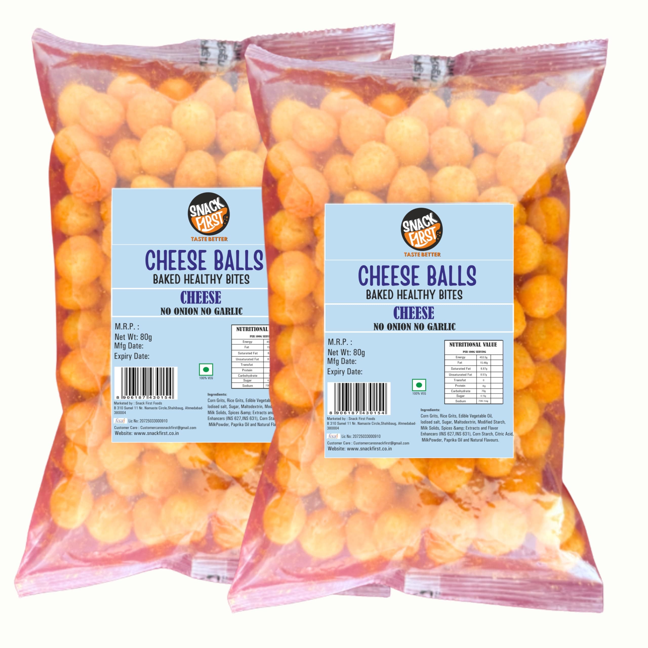 Snack First Cheese Balls, Corn balls, Combo of 2, No Onion No Garlic, Jain, Puffed Snack, Corn Puffs, Healthy Snack, Namkeen, Each 80g — image 2