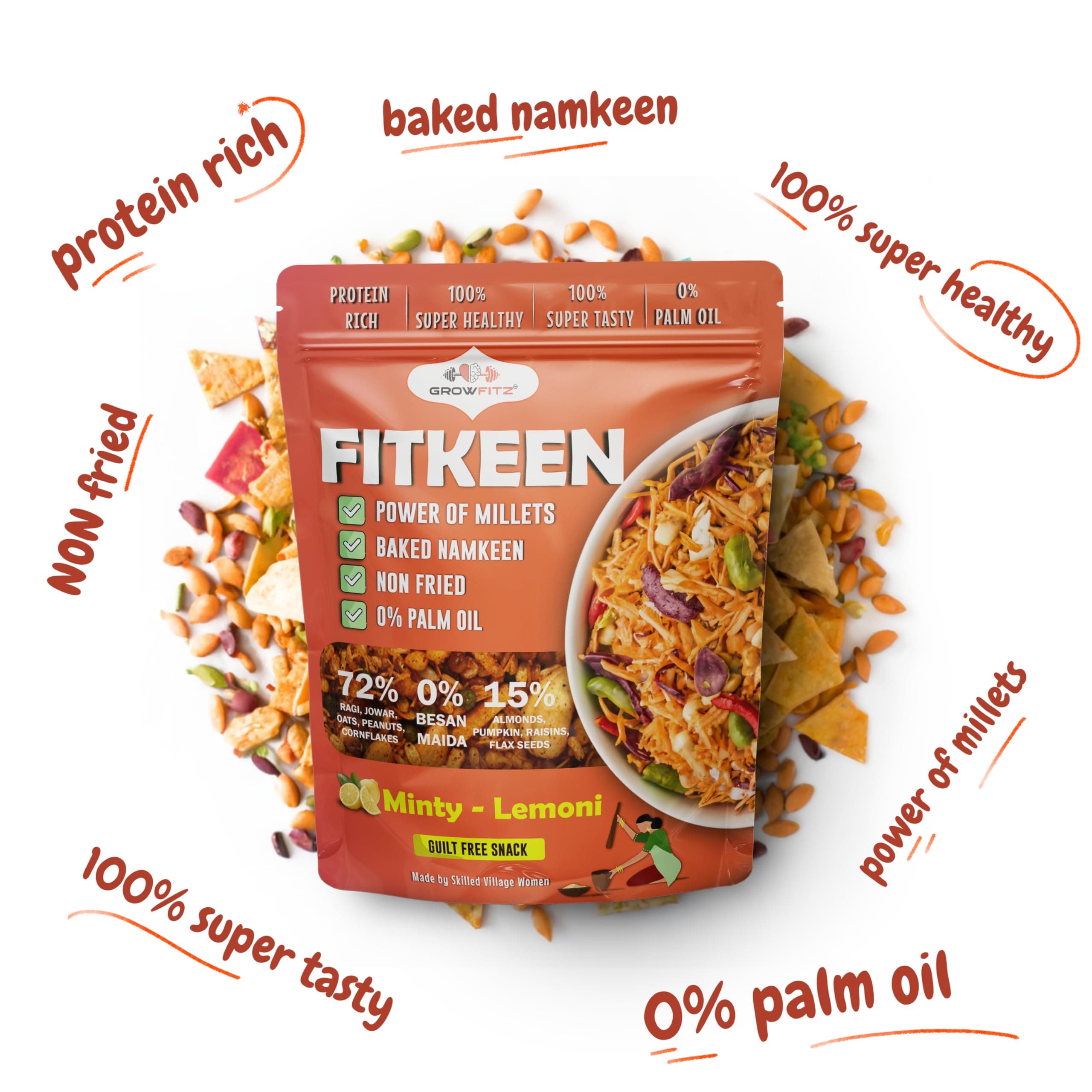 Growfitz Baked Namkeen Mixture 200g | Minty Lamoni Flavor | Power of Millets, Non Fried, 0% Palm Oil | 12.4g Rich Protein | Super Tasty, Healthy & Guilt Free Snacks | 0% Maida & Besan (Pack of 1) — image 4