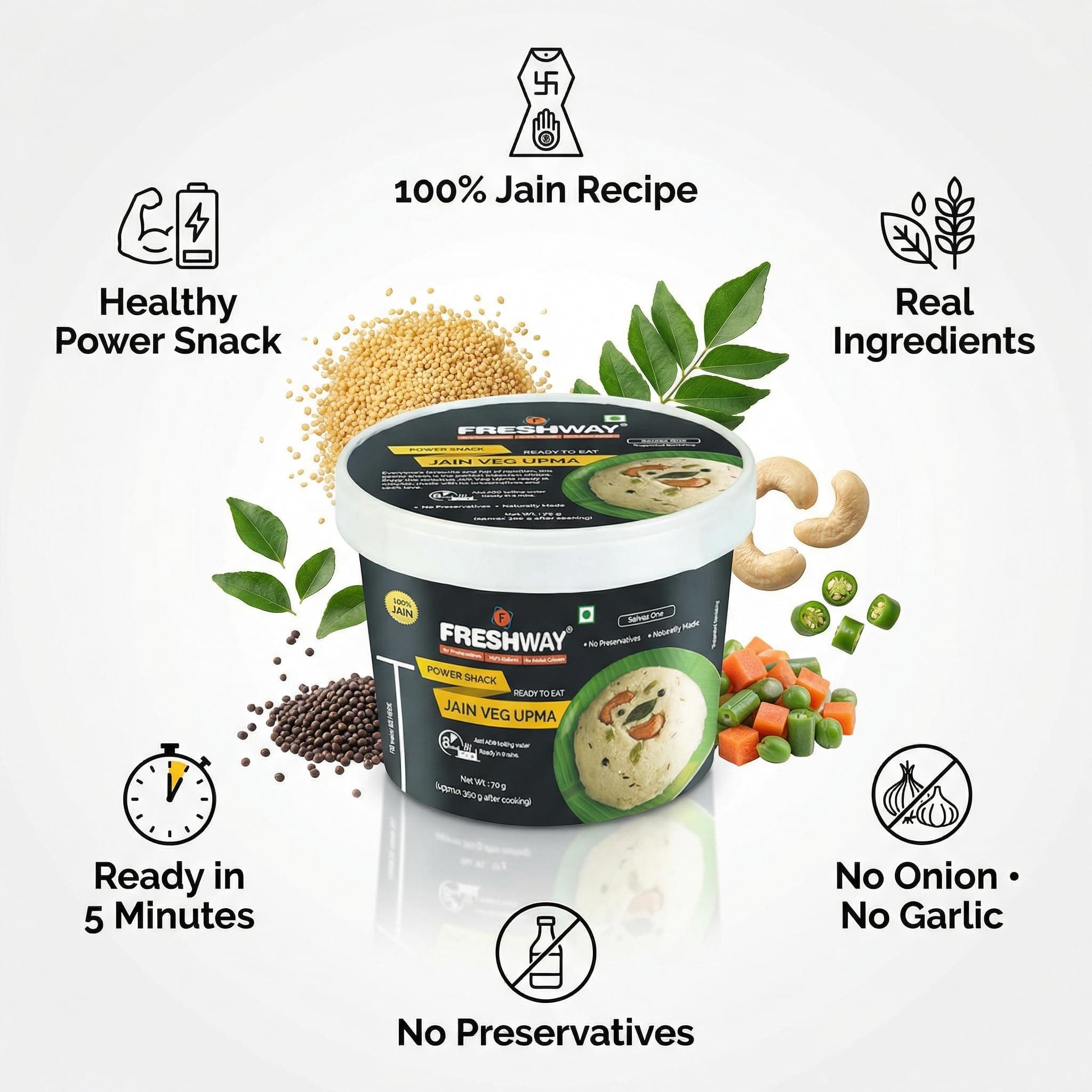 Freshway Jain Special Veg Upma Pack of 6 | Ready to Eat Indian Breakfast & Snack | 100% Jain No Onion & Garlic Free | Healthy Nutritious & Preservative Free | Quick & Convenient for Travelers, Office, Students & Home — image 3