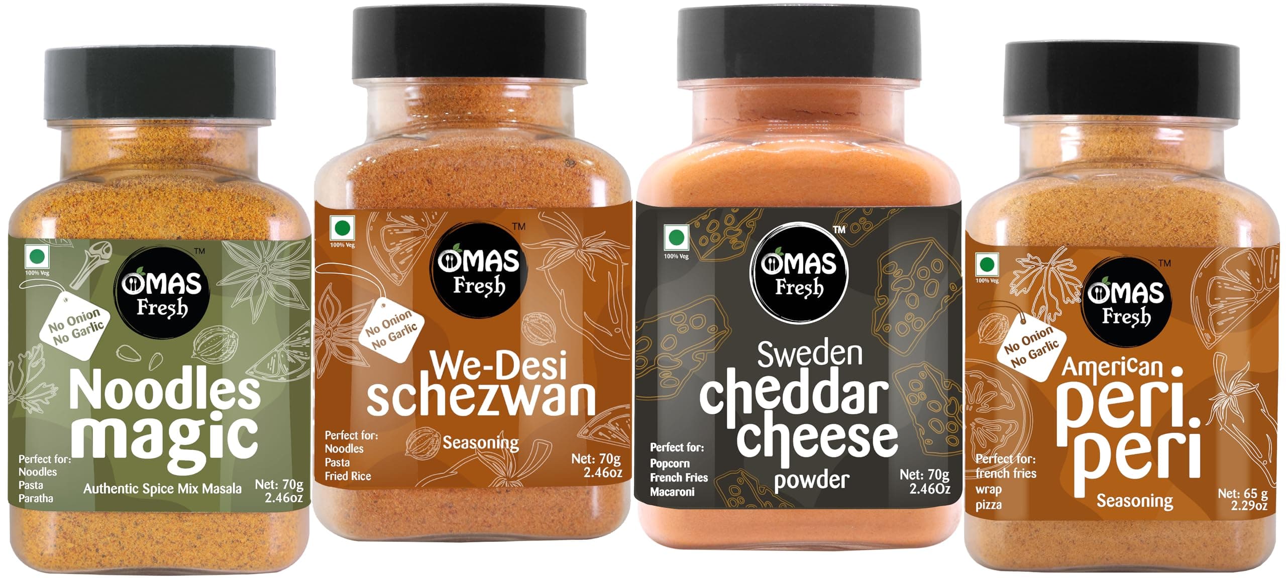Omas Fresh No Onion No Garlic Special Masala Combo For Jain | Jain Schezwan Seasoning, Cheddar Cheese Powder, No Onion No Garlic Peri Peri & Noodles Magic Masala,4 Count — image 2