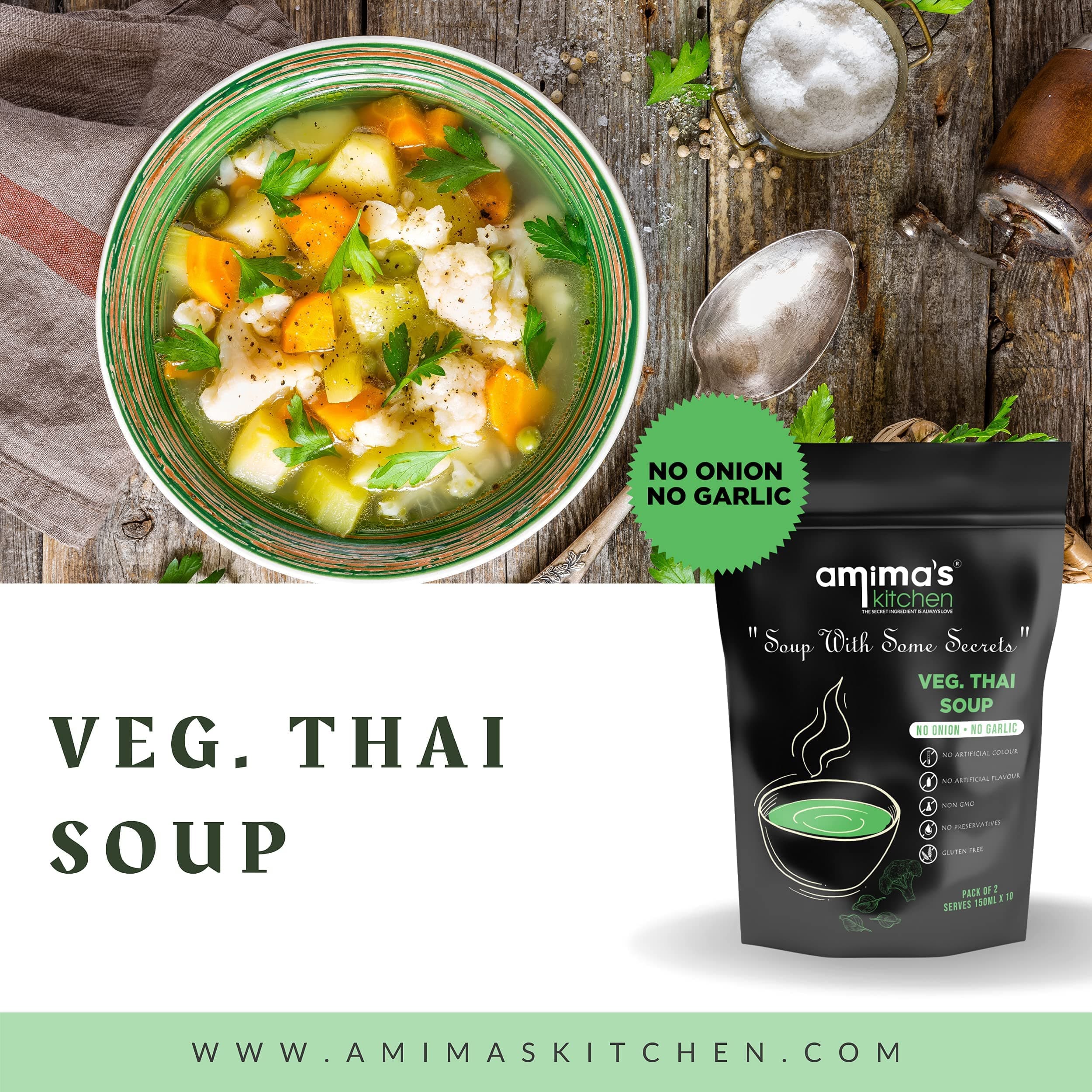 Amima's Kitchen Veg. Thai Jain Soup (No Onion No Garlic) - 100 Grams [Serves 10] | Instant Soup Mix Powder | Ready To Cook | No Artificial Flavour & Colour | Gluten Free | Non GMO | Healthy Soup — image 4