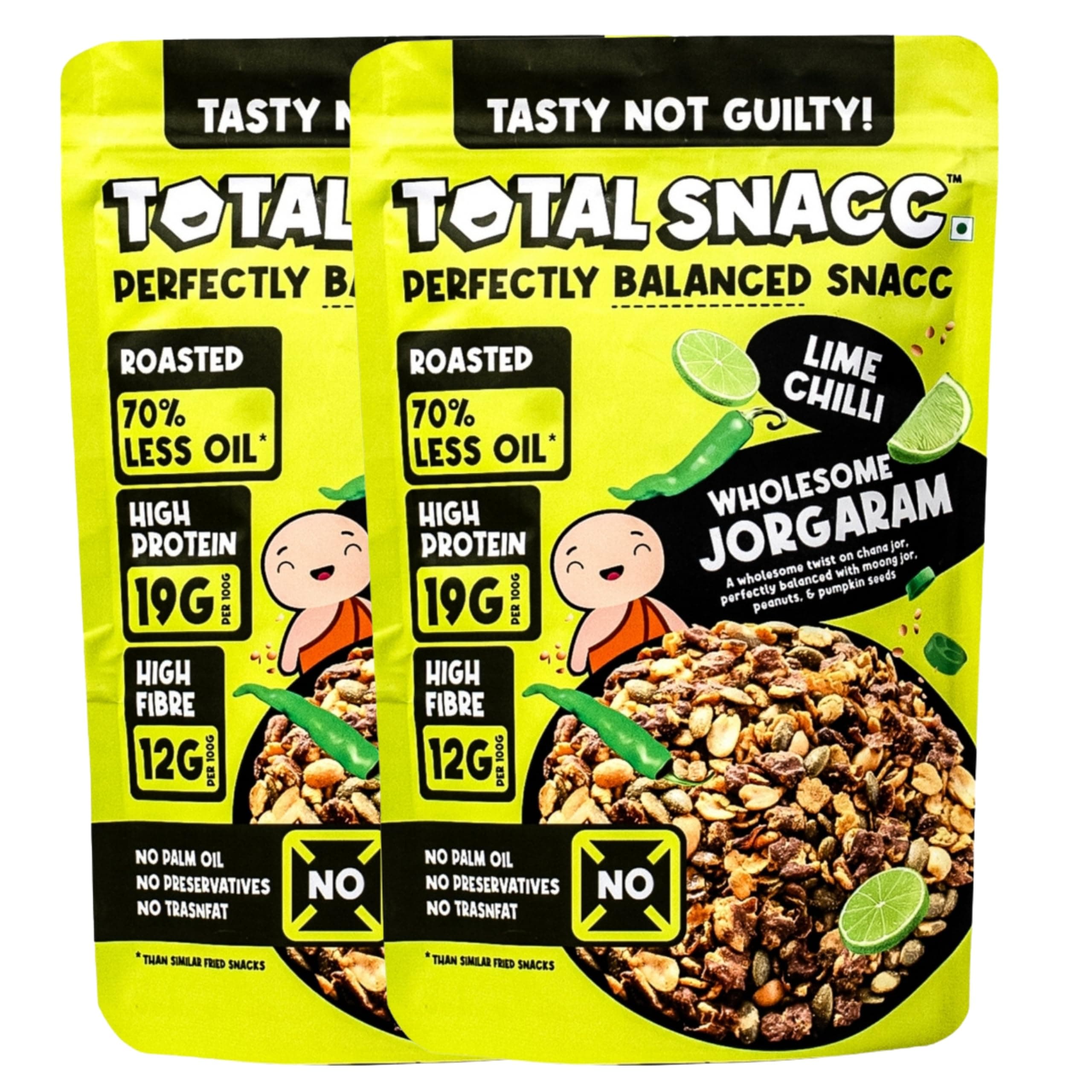 TOTAL SNACC Wholesome Jorgaram Lime Chilli (125g x 2) | High Protein 19g | High Fibre 12g | Roasted Not Fried | 70% Less Oil | No Palm Oil | High Protein Snacks | Baked Namkeen Mix | Healthy Snacks | No Preservatives | Diabetic Friendly | a mix of chana jor, moong jor, peanuts, & pumpkin seeds — image 2