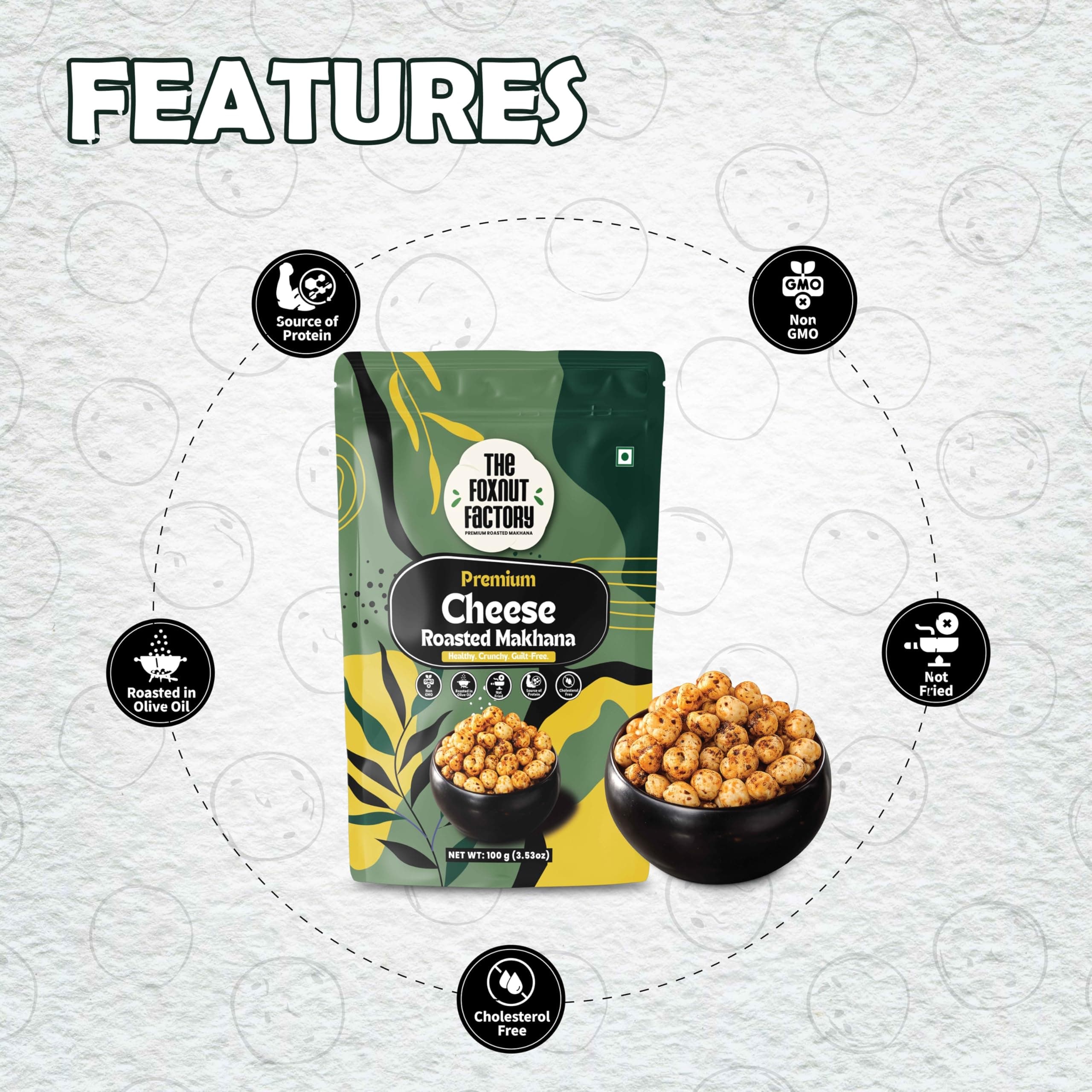 The Foxnut Factory Cheese Roasted Makhana 100g (3.53oz) – Crunchy and Tasty Fox Nuts (Lotus Seeds), Ready-to-Eat, Gluten-Free Vegetarian, Plant Based, Not Fried Healthy travel friendly Snack Brand: The Foxnut Factory — image 3