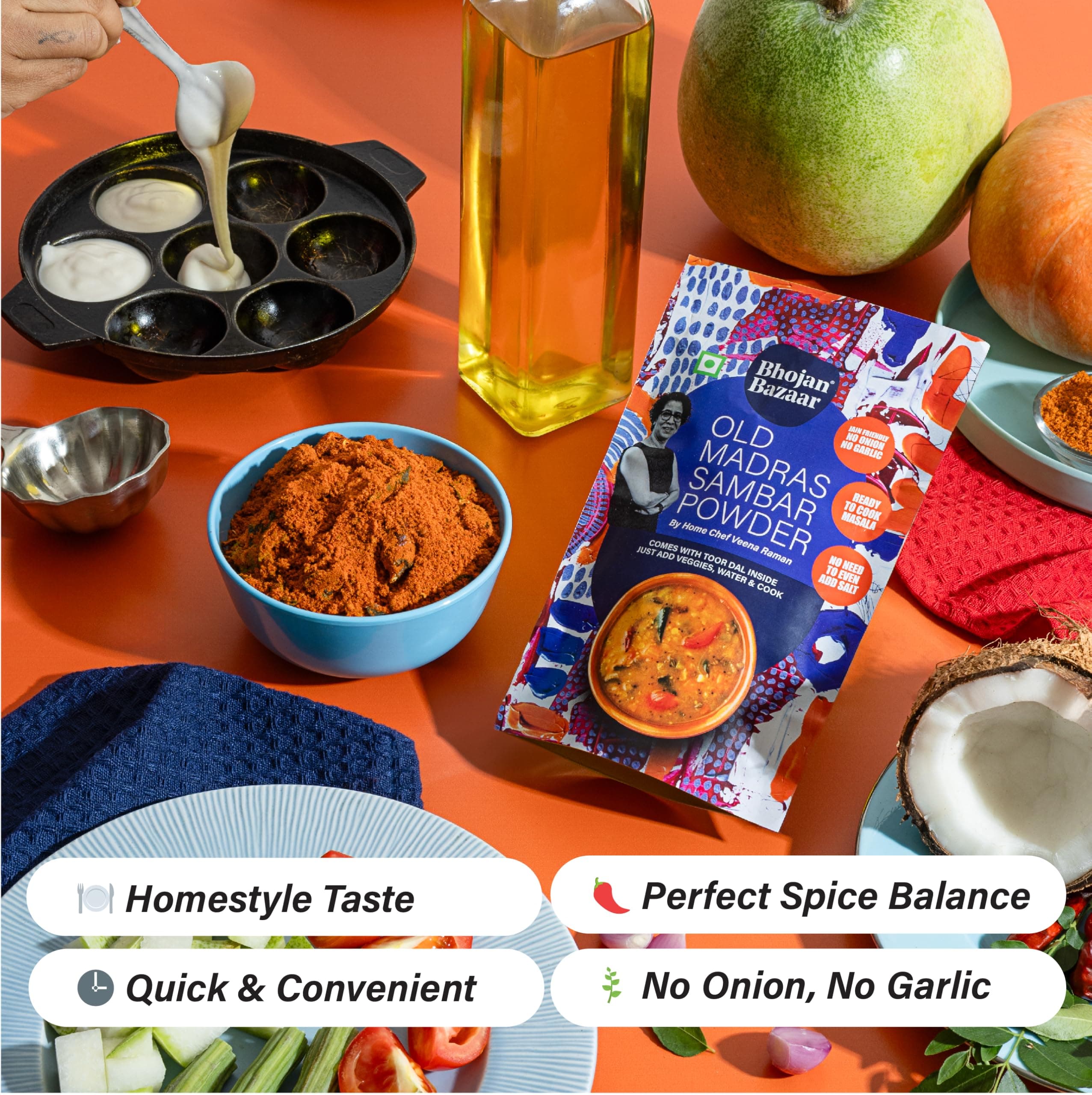 Bhojan Bazaar Old Madras Sambar Powder - Pack of 2, 70 g Each | No Onion No Garlic Ready To Cook in 10 min | Serves 4 | South Indian Sambar With Dal | Free From Preservatives, Colours & Flavours — image 7
