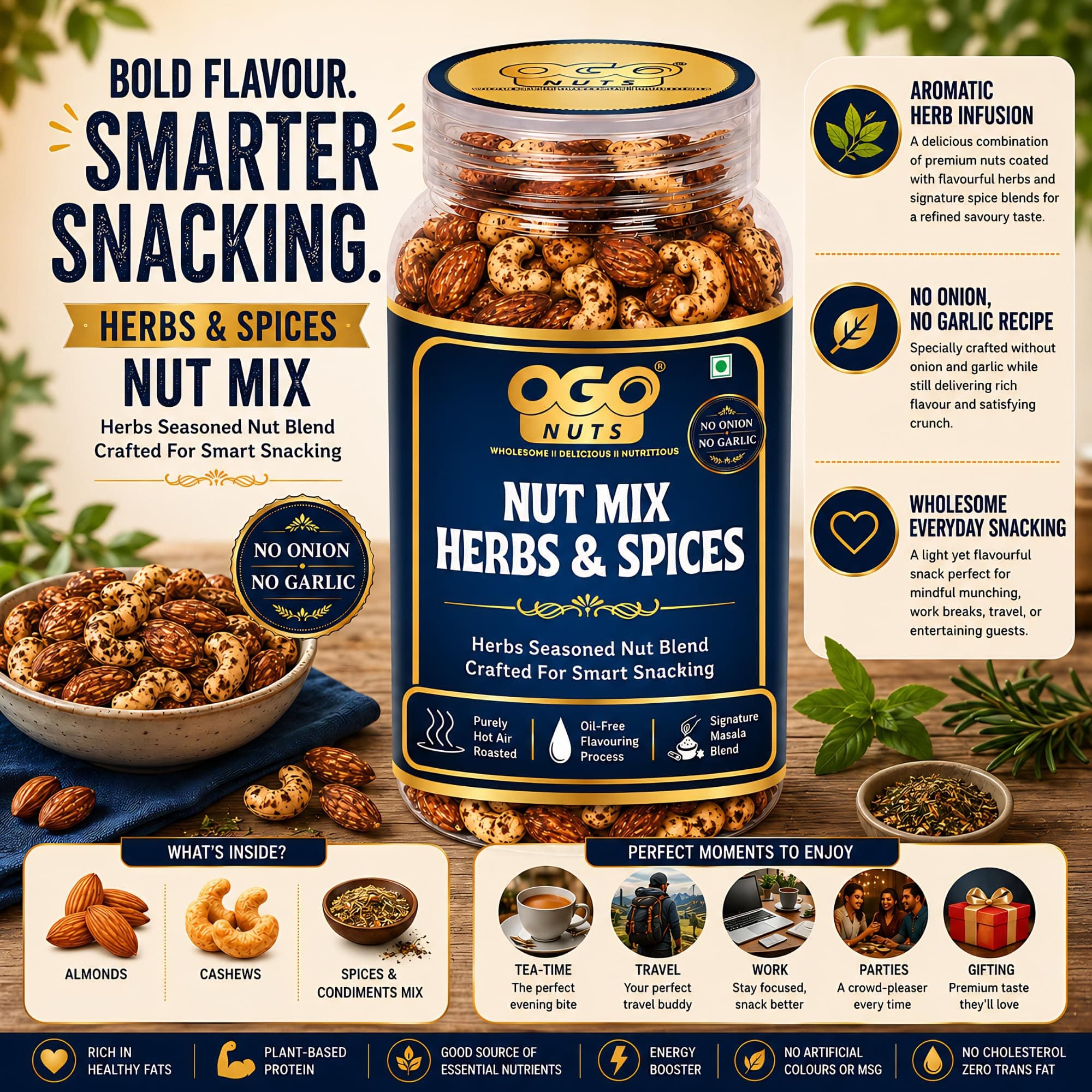 OgoNuts Herbs & Spices Nut Mix, 200g | Hot Air Roasted Almonds and Cashews | Aromatic Herb & Spice Seasoning | No Onion No Garlic | Oil-Free Roasted Gourmet Nut Snack for Tea Time, Travel & Office — image 3