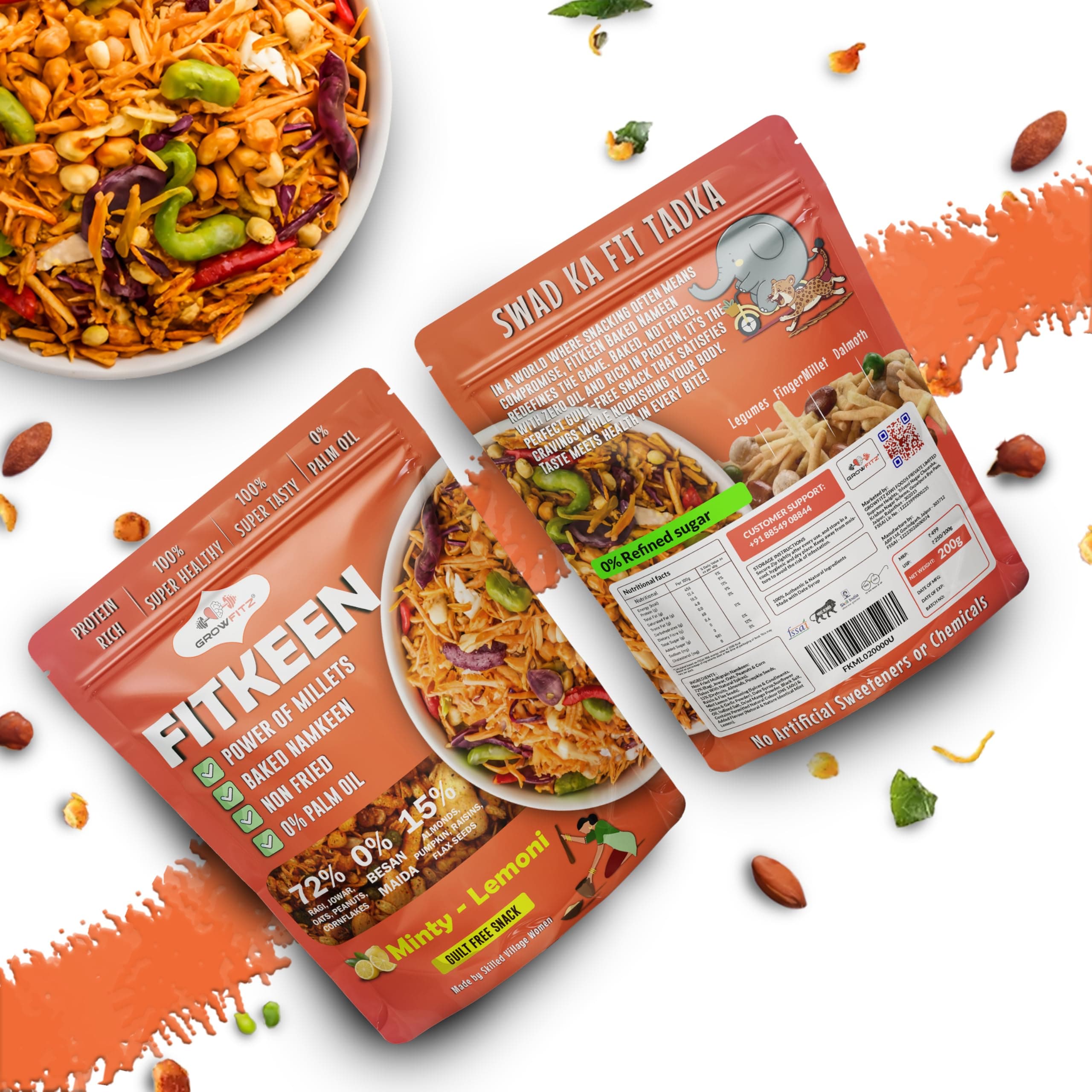 Growfitz Baked Namkeen Mixture 200g | Minty Lamoni Flavor | Power of Millets, Non Fried, 0% Palm Oil | 12.4g Rich Protein | Super Tasty, Healthy & Guilt Free Snacks | 0% Maida & Besan (Pack of 1) — image 5