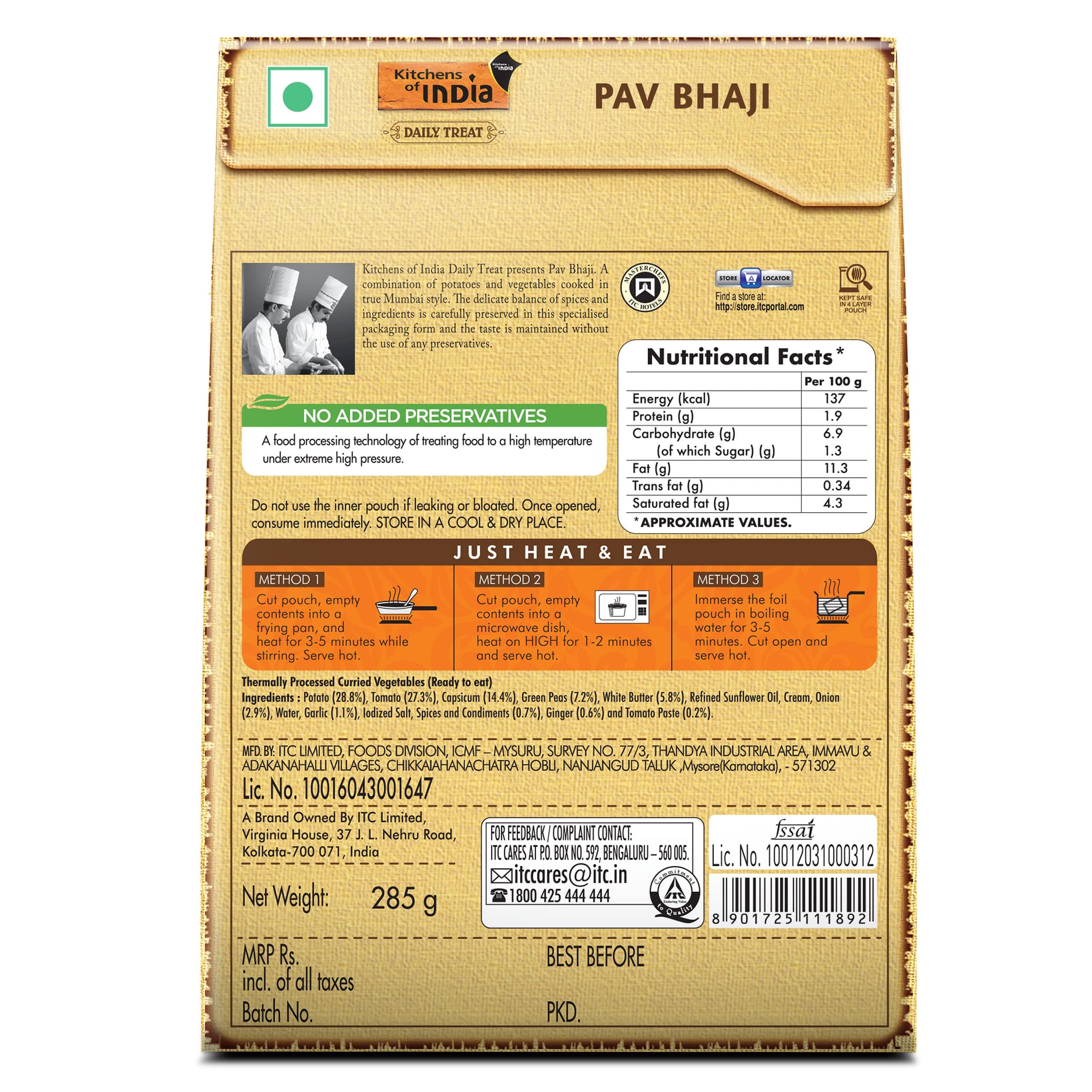 Kitchens of India Pav Bhaji, ITC Ready to Eat Indian Food, Just Heat and Eat, Microwavable, 285g — image 9