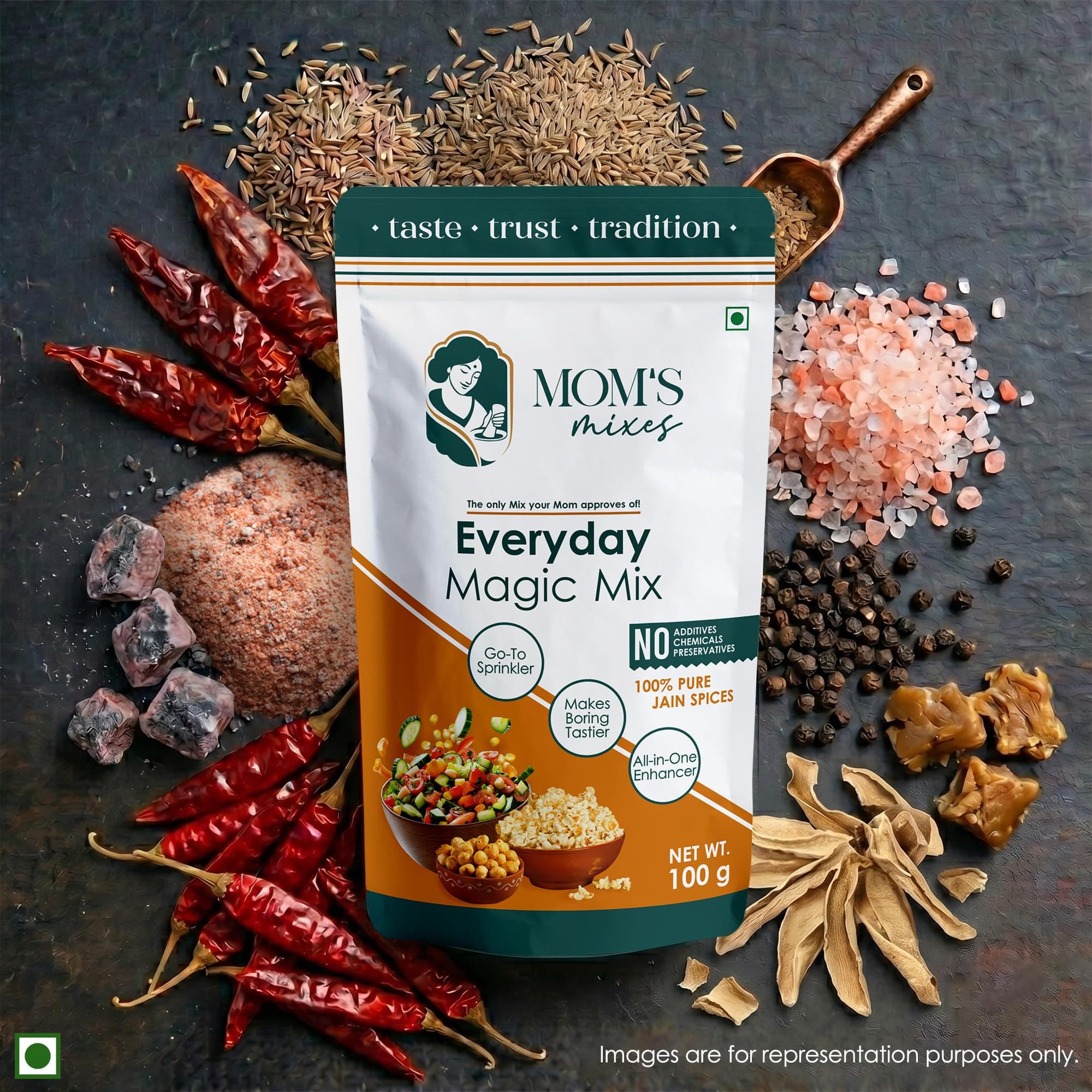 Mom’s Mixes Everyday Magic Mix | All-in-One Seasoning & Taste Enhancer | Chaat Masala & Peri Peri Alternative | For Snacks, Fruits, Salads & Meals | Jain Friendly (No Onion No Garlic) | Preservatives Free | Non GMO | 200g — image 3