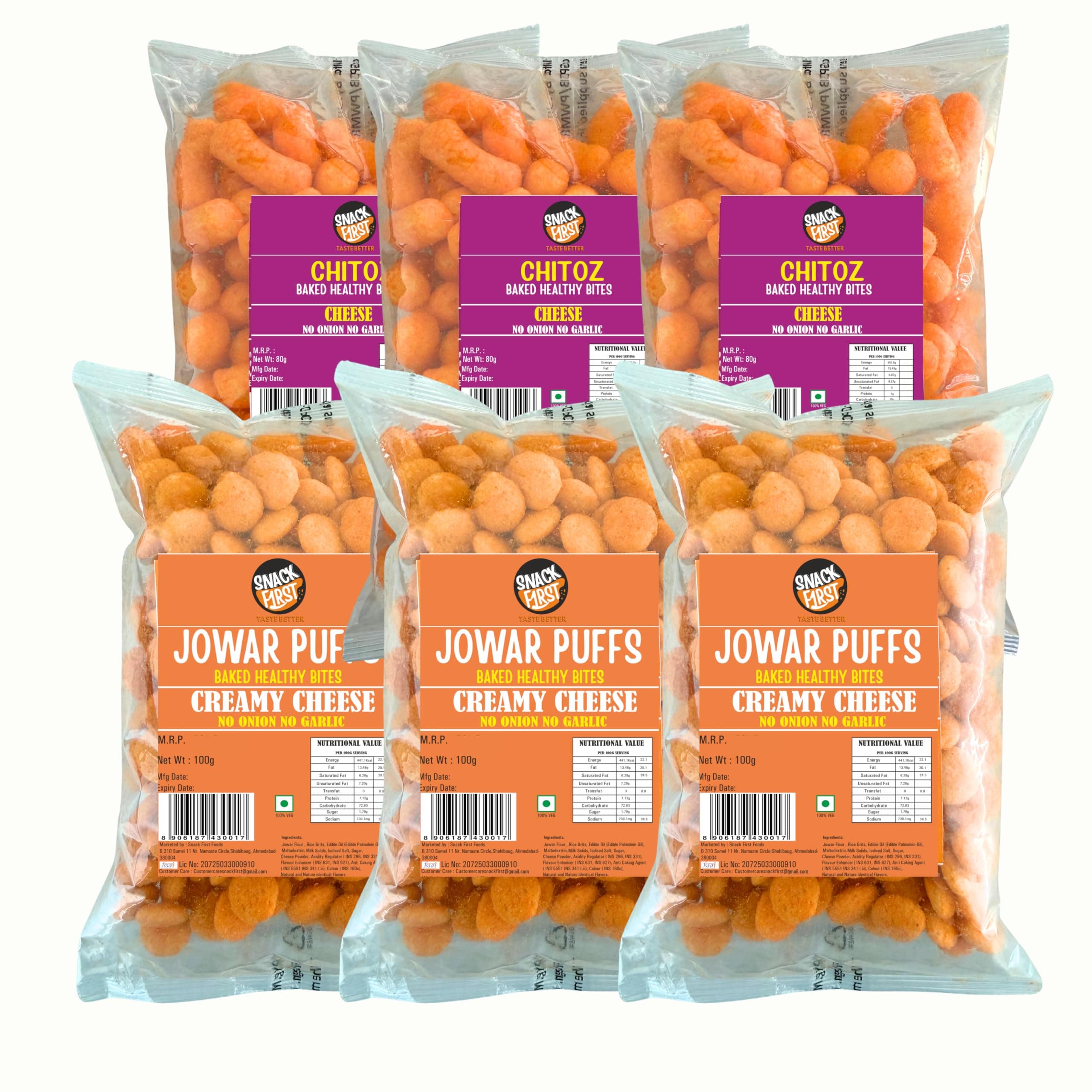 Snack First Baked Jowar Puff Cheese (3)100g & Chitoz Cheese (3)80g, Pack of 6, No Onion No Garlic, Jain, Puffed Snack, Corn Puffs, Healthy Snack, Namkeen, — image 2