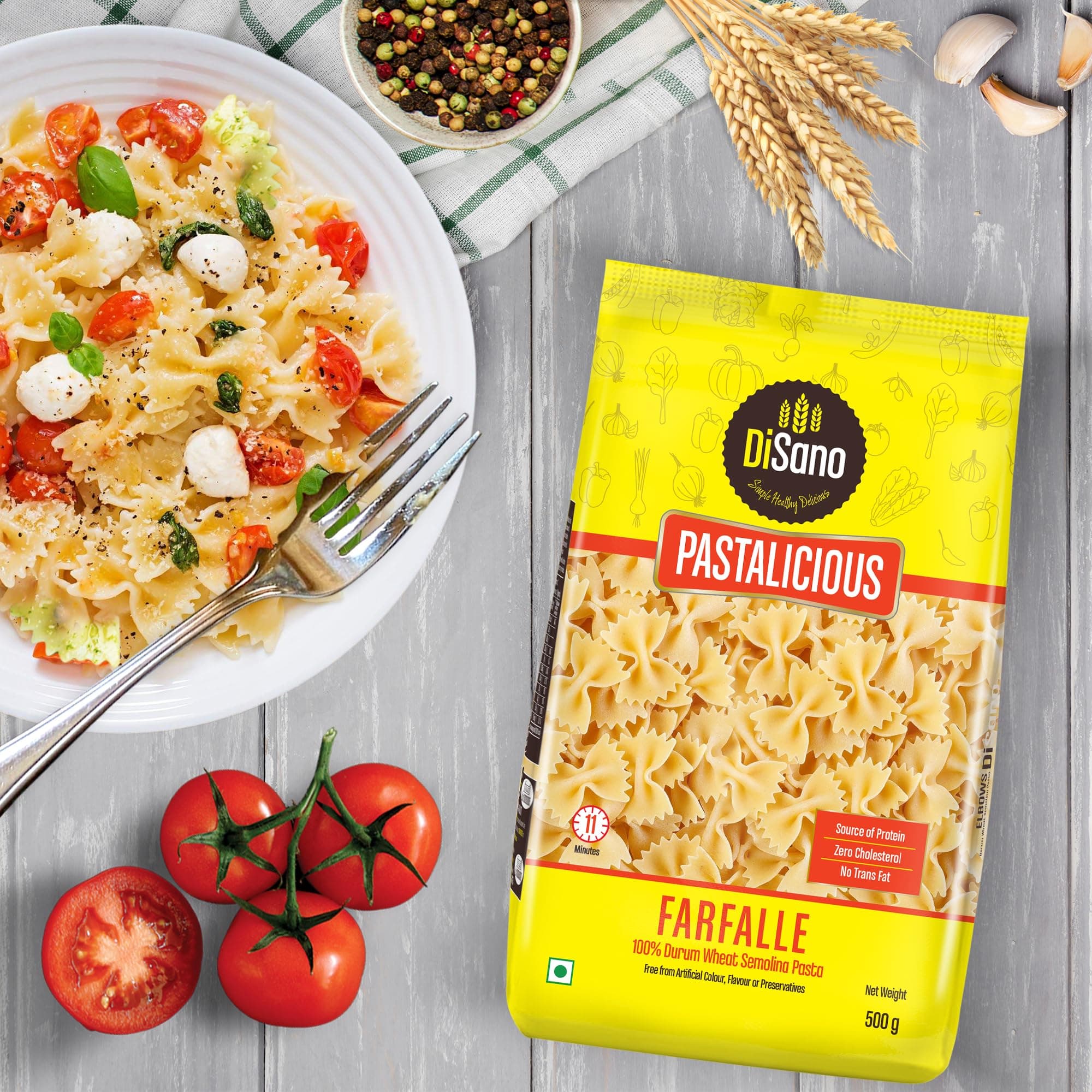 DiSano Farfalle Pasta 500g, Healthy Pasta, Made with 100% Durum Wheat Semolina, 100% Suji, No Maida, Source of Protein & Fibre, Non-Sticky — image 4