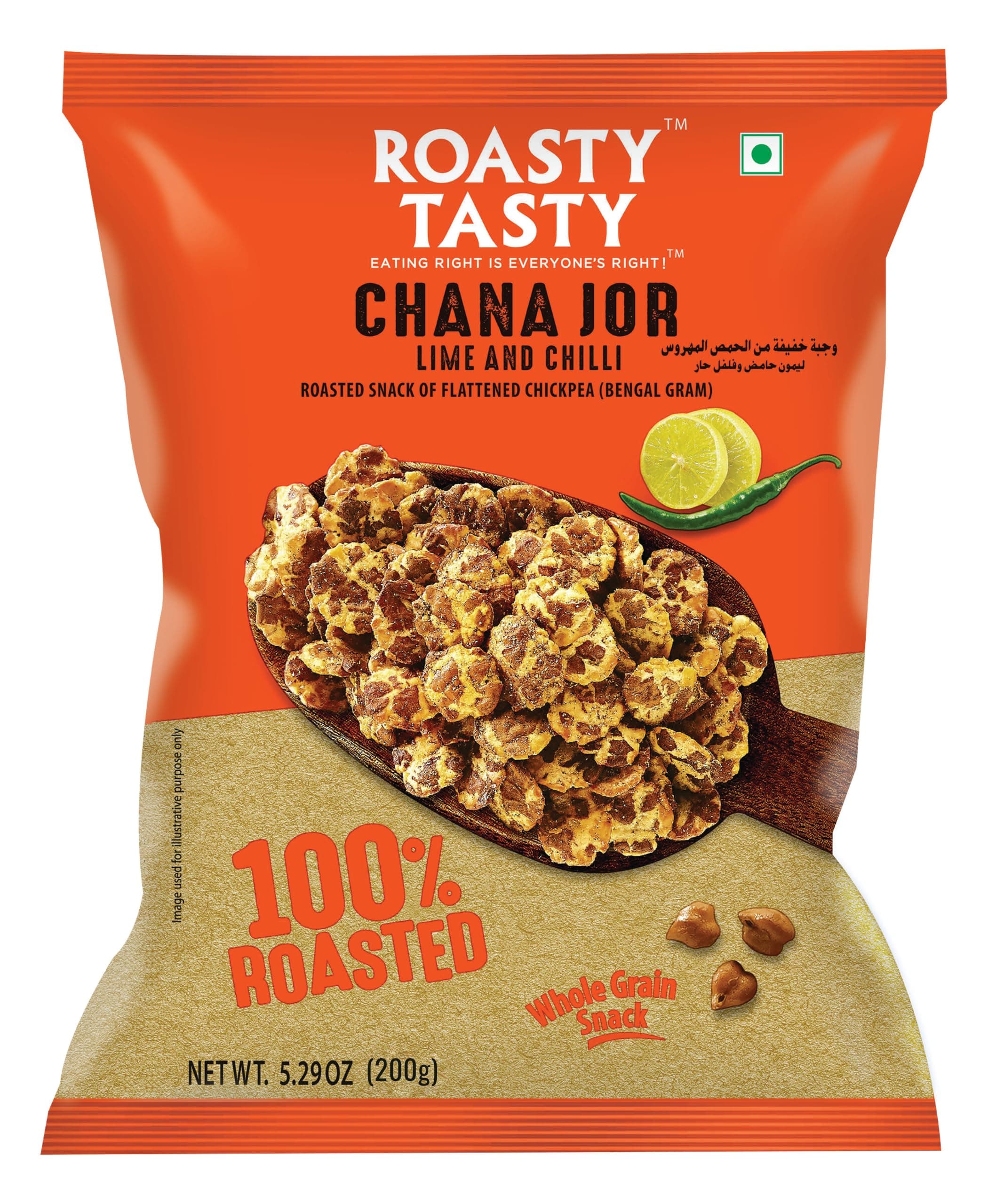 Roasty Tasty Roasted Chana Jor Lime & Chilli Whole Grain Indian Snacks- 200g |No MSG | Zero Cholesterol & Trans Fat | Diet Namkeen | Gluten Free | Ready-to-eat | High in protein | Export Quality | Healthy Snacks