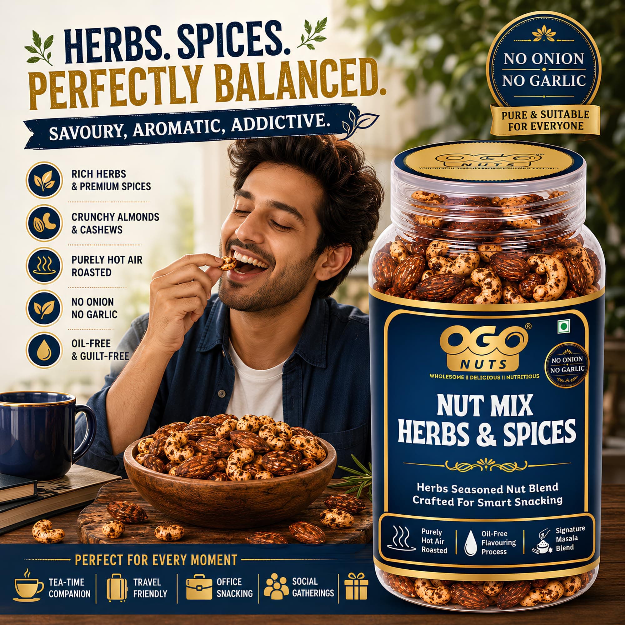 OgoNuts Herbs & Spices Nut Mix, 200g | Hot Air Roasted Almonds and Cashews | Aromatic Herb & Spice Seasoning | No Onion No Garlic | Oil-Free Roasted Gourmet Nut Snack for Tea Time, Travel & Office — image 4