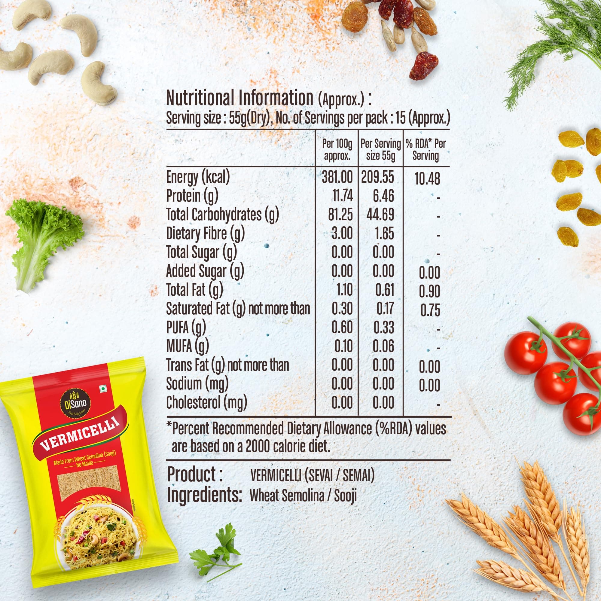DISANO Wheat Vermicelli,No Maida,850 Gram - Cholesterol Free,unflavored — image 2