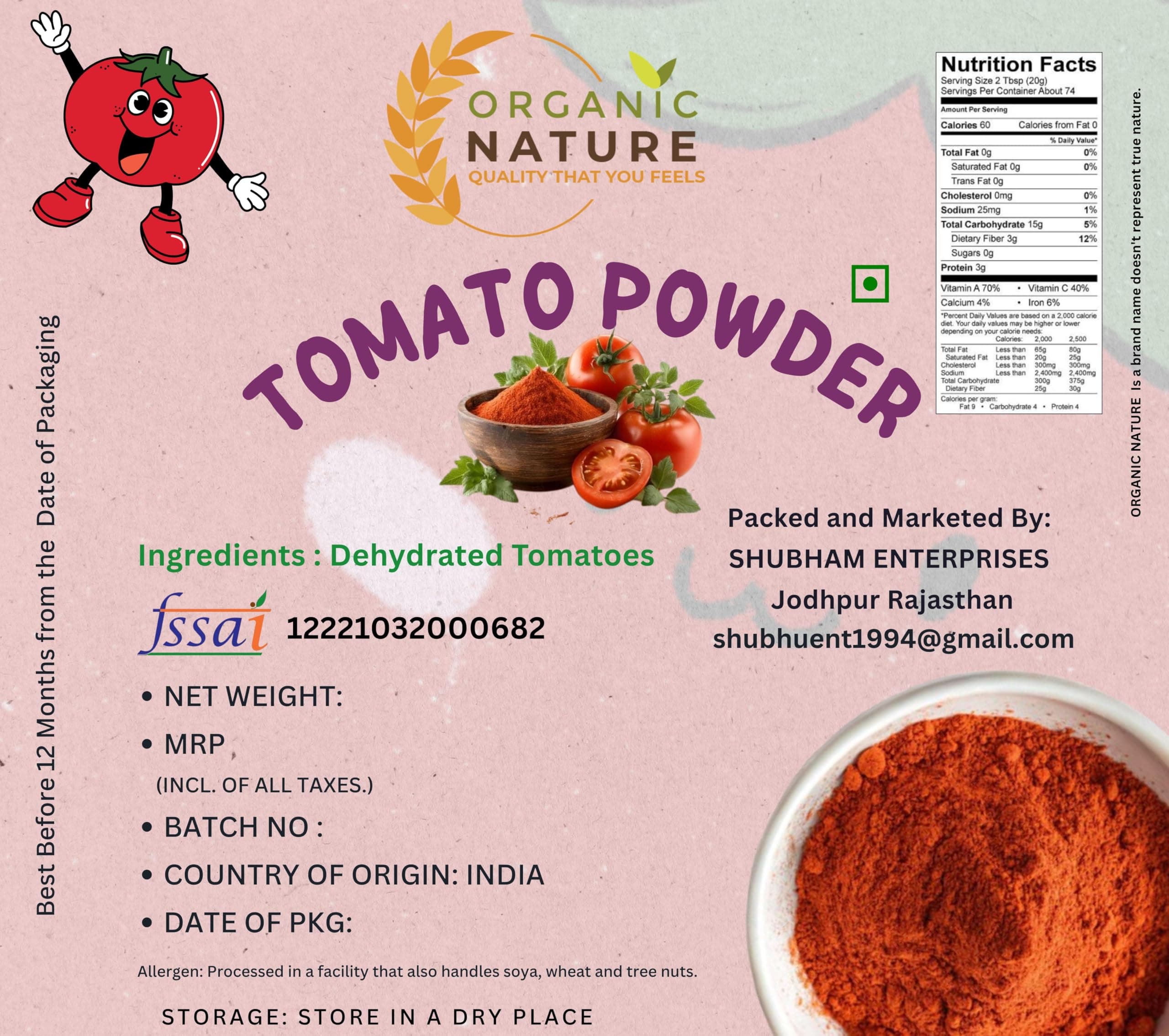 ORGANIC NATURE Dehydrated Ready to use Tomato Powder Pack of 400 Gram — image 2