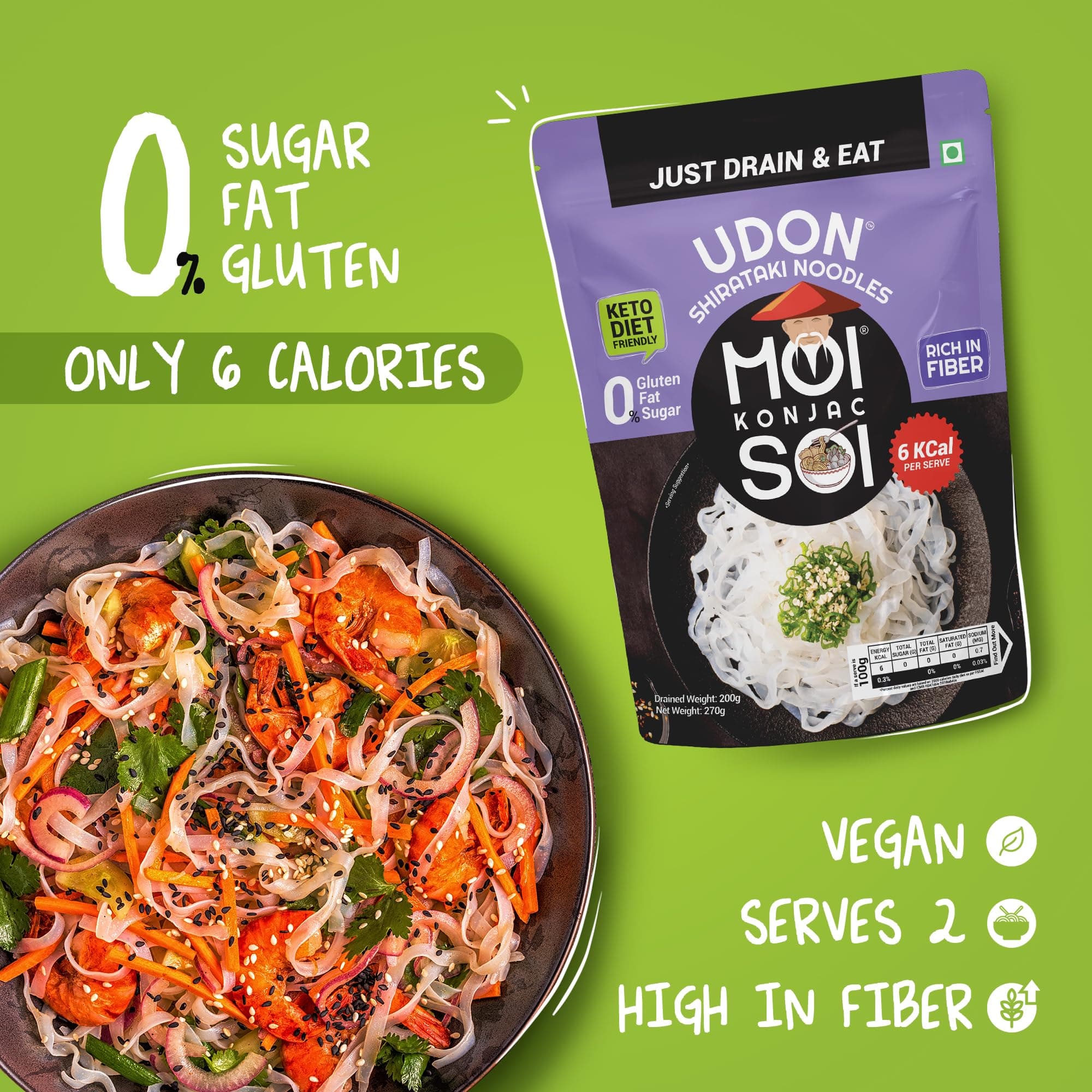 MOI SOI Shirataki Udon Noodles, 250g | Low Carb 6Kcal Only | Keto Friendly | Gluten Free | Vegan Friendly | Good for diabetics | Low Calorie Konjac Miracle Noodles | Fat-Free | Ultra-Low Calorie Konjac Miracle Noodles — image 6